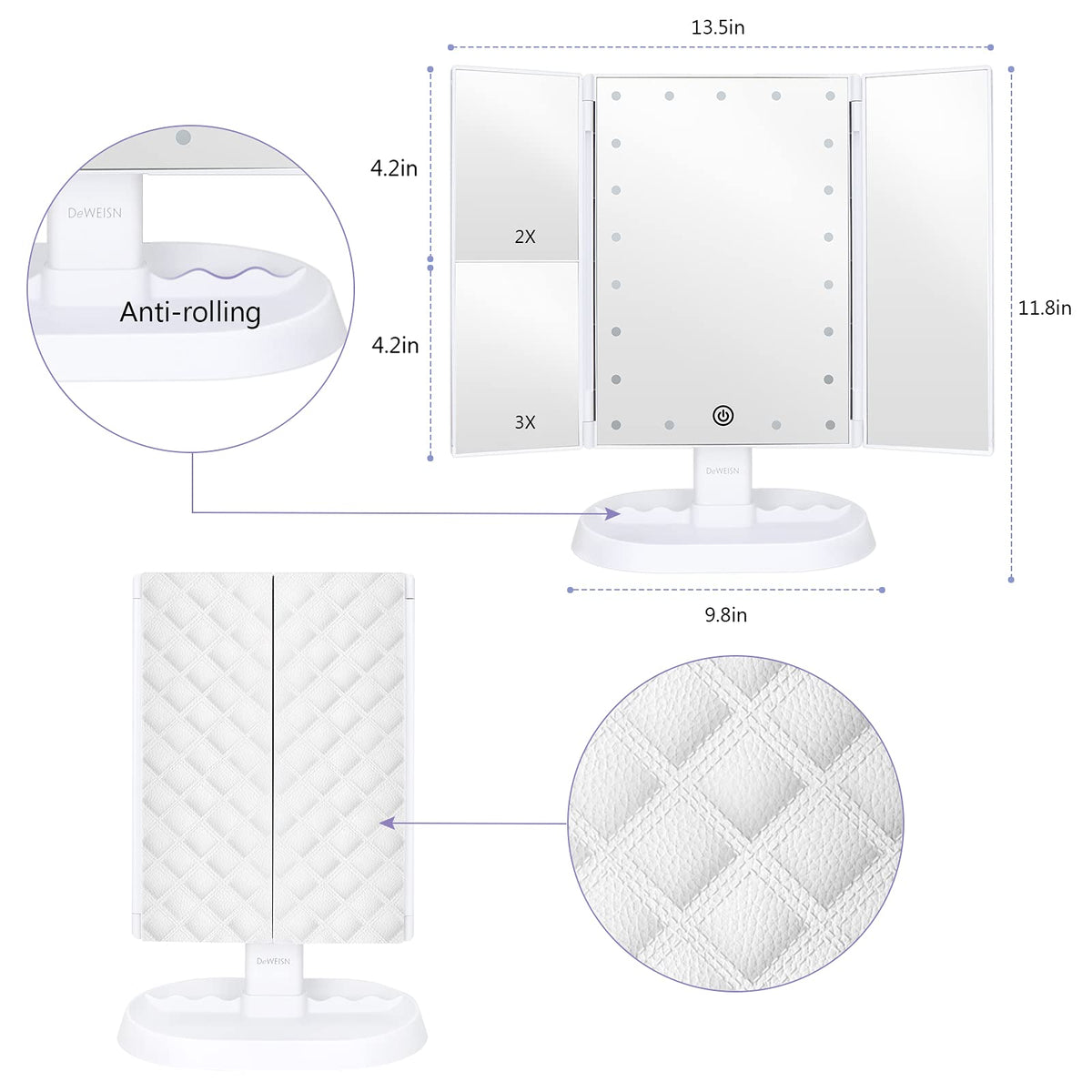 Deweisn Trifold Lighted Vanity Makeup Mirror With 21 Leds Lights,1X/2X/3X Magnification And Touch Screen Dimming,Two Power Suppl