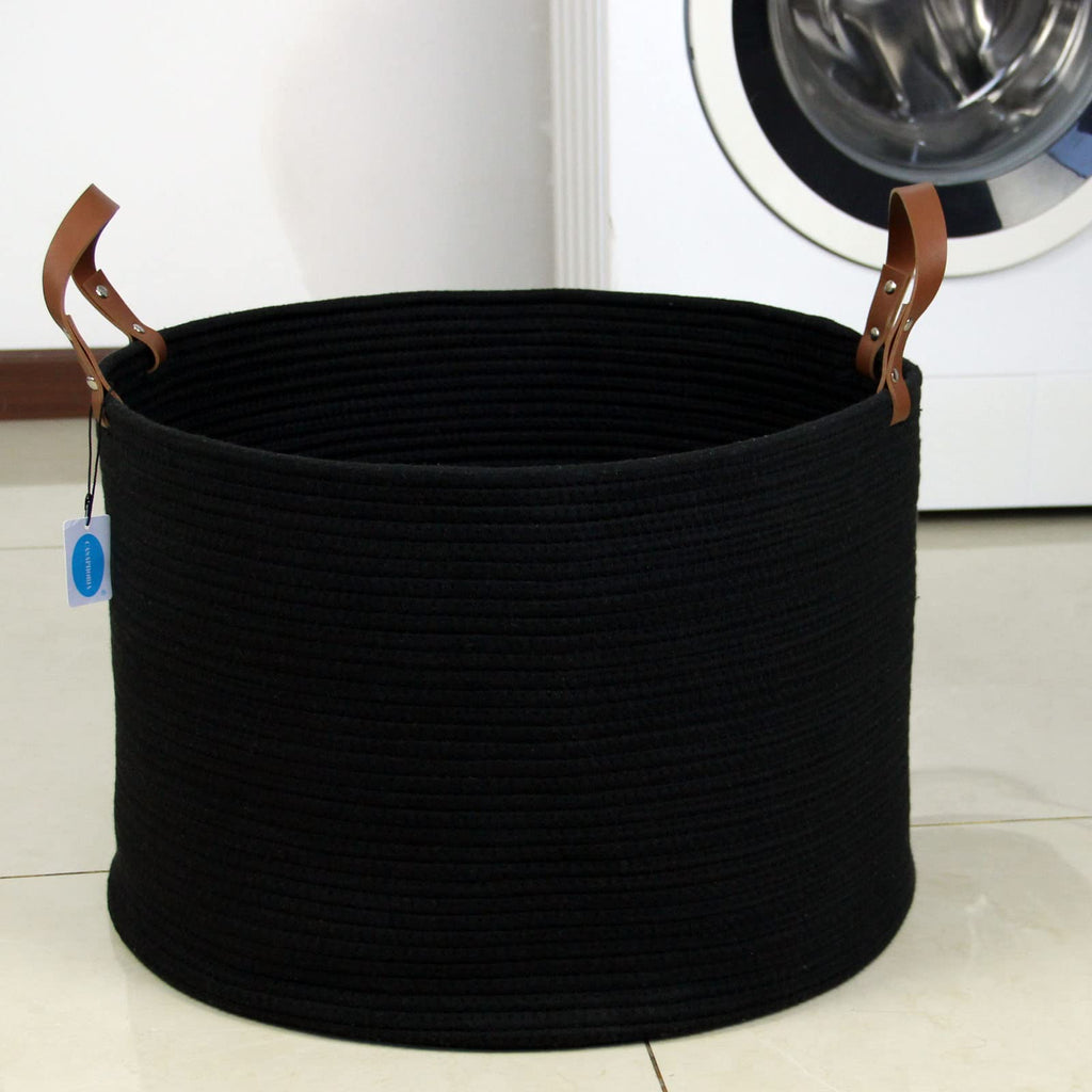 Casaphoria Xxxlarge Cotton Rope Basket For Living Room - Woven Storage Basket With Long Handle For Blankets, Towels And Pillows