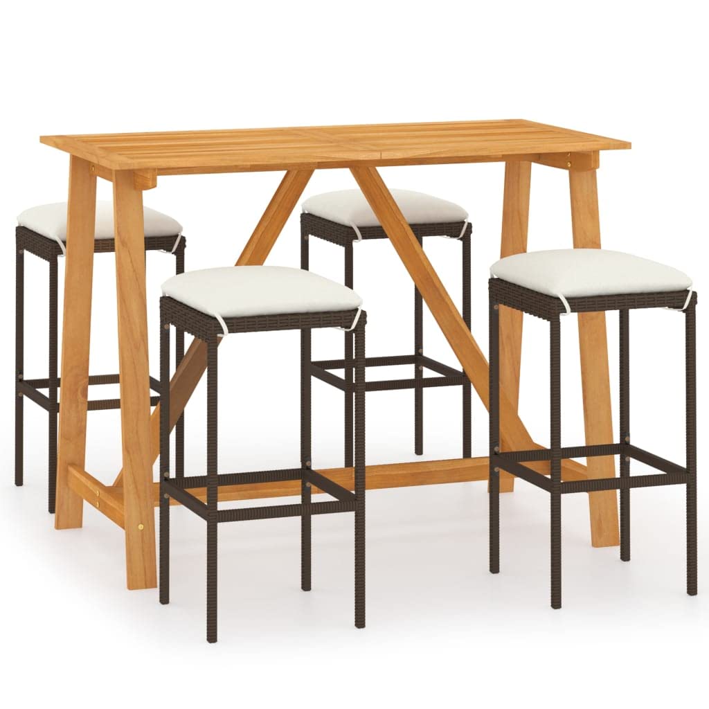 vidaXL Patio Bar Set 5 Piece, Outdoor Bar Table and Stools with Wood Tabletop, Patio Furniture Set with Cushions, Dining Set for Garden, Farmhouse, Brown