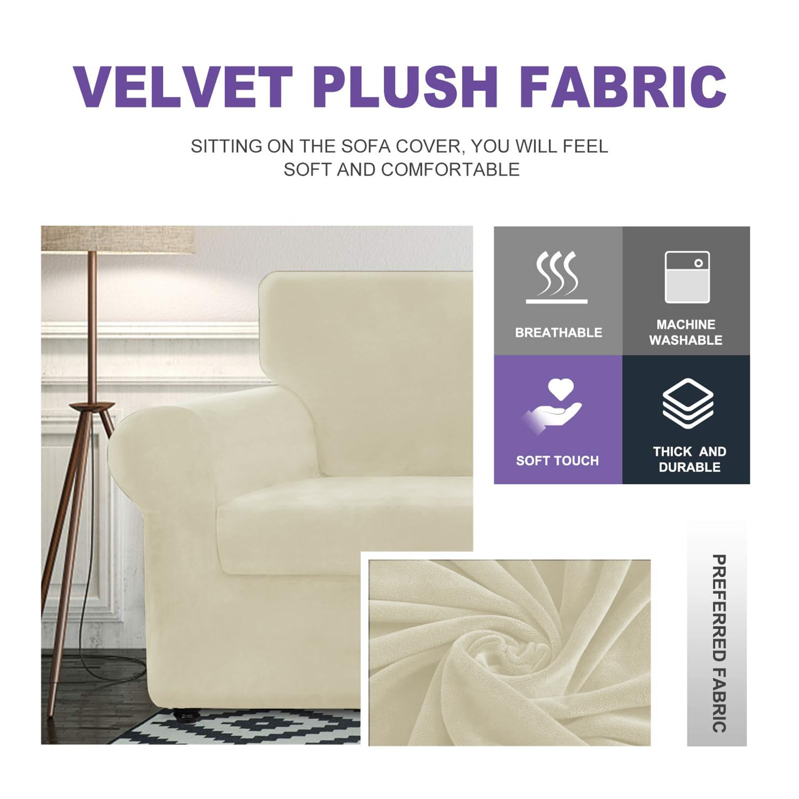 Znsayotx Luxury Velvet Sofa Cover 3 Piece (57'-70') Stretch Loveseat Covers For 2 Cushion Couch Thick Soft Couch Slipcover With Non Slip Strap, Dog Pet Friendly Nice Furniture Protector (Beige)