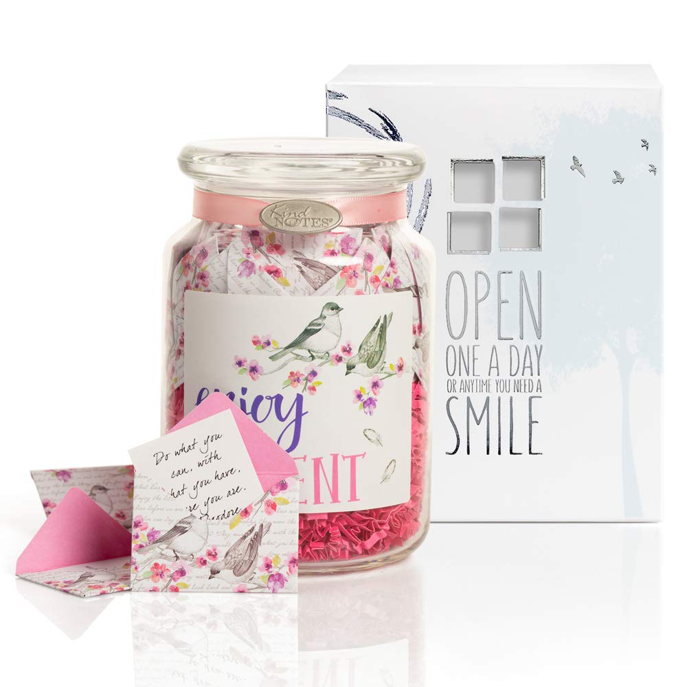 KindNotes Glass Keepsake Gift Jar with INSPIRATIONAL Messages - Birds and Flowers Enjoy Every Moment
