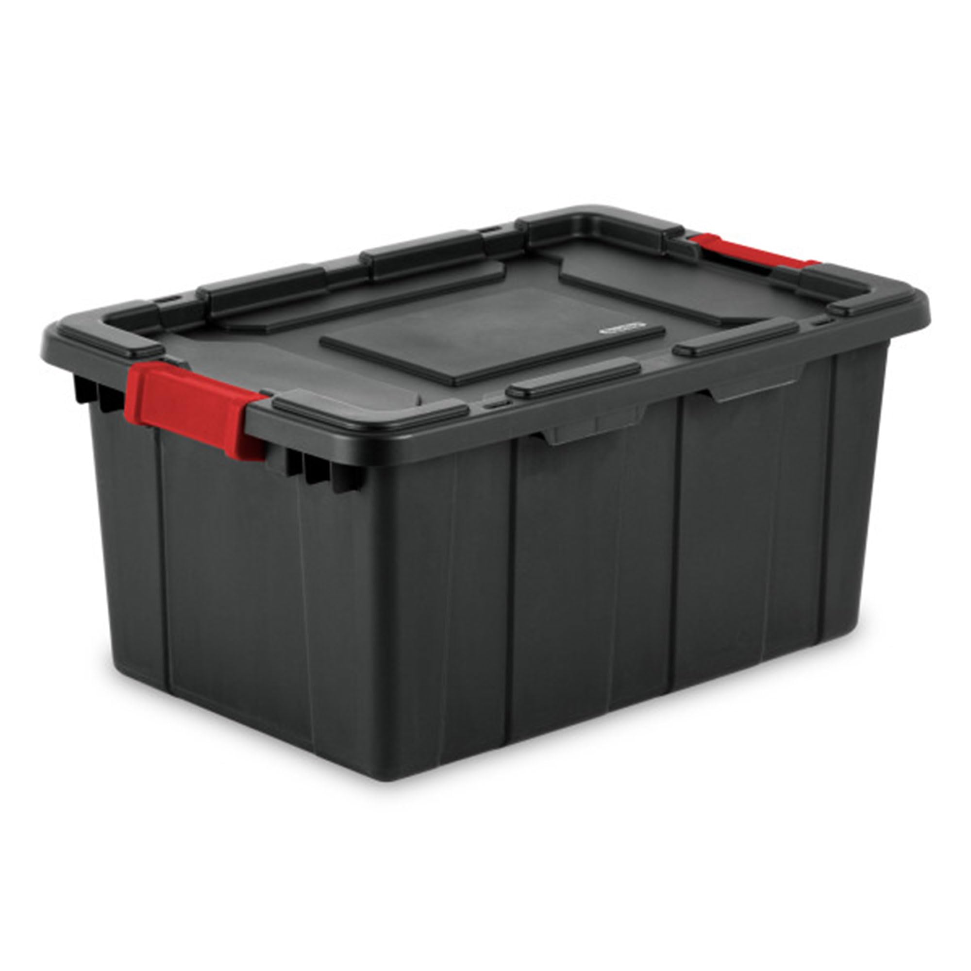 Sterilite 15 Gal Industrial Tote, Stackable Storage Bin with Latching Lid, Plastic Container with Heavy Duty Latches, Black Base