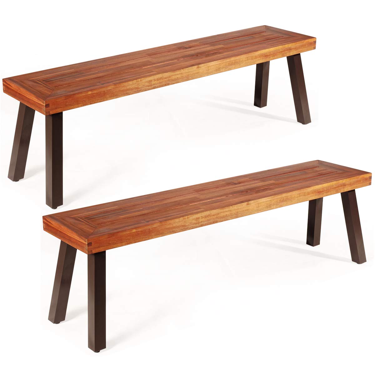Giantex Set Of 2 Outdoor Bench, Acacia Wood Patio Seating, Dining Benches For Garden, Lawn, Farmhouse And Entryway With Metal Legs, Rustic Brown And Black (2)