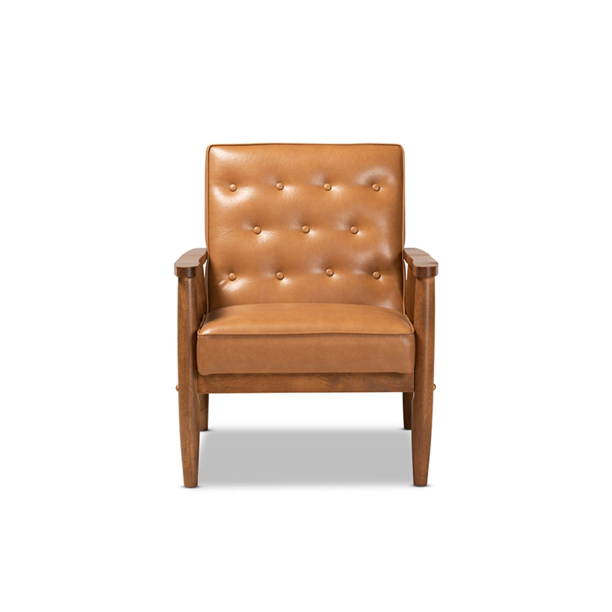 Baxton Studio Sorrento Mid-Century Modern Tan Faux Leather Upholstered and Walnut Brown Finished Wood Lounge Chair