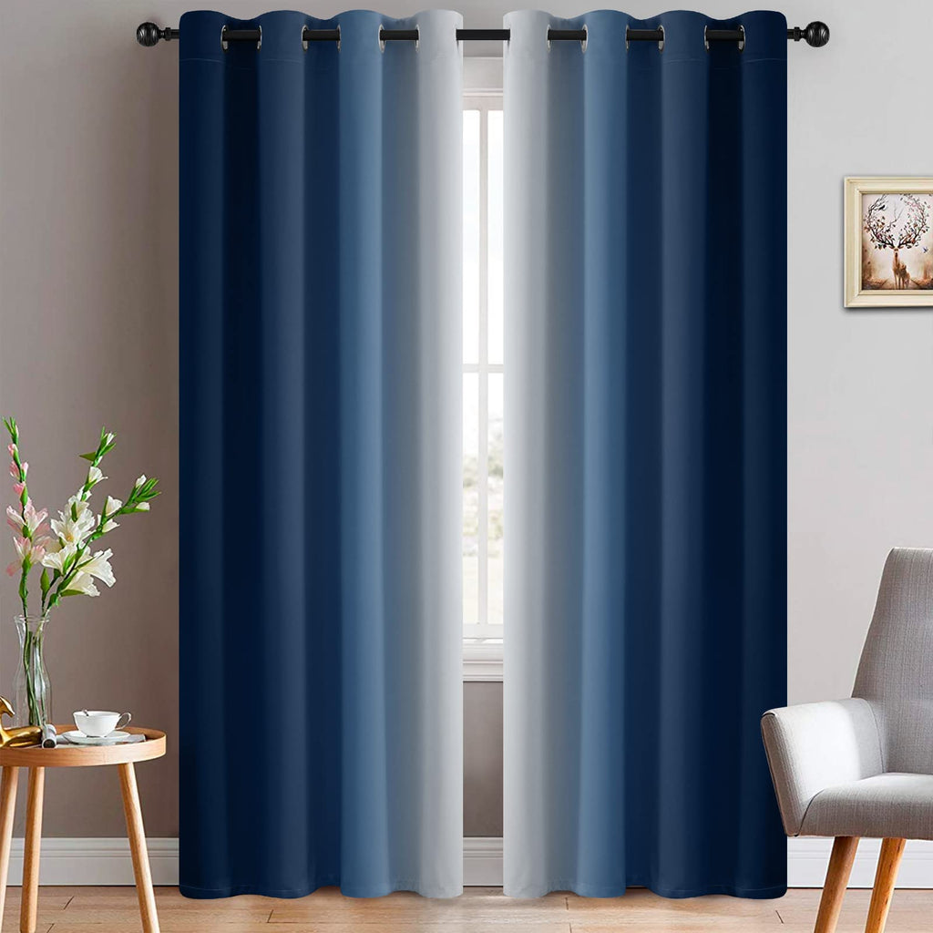 Yakamok Blue And Greyish White Ombre Curtains, Room Darkening Gradient Color Curtains For Bedroom, Light Blocking Thermal Insula