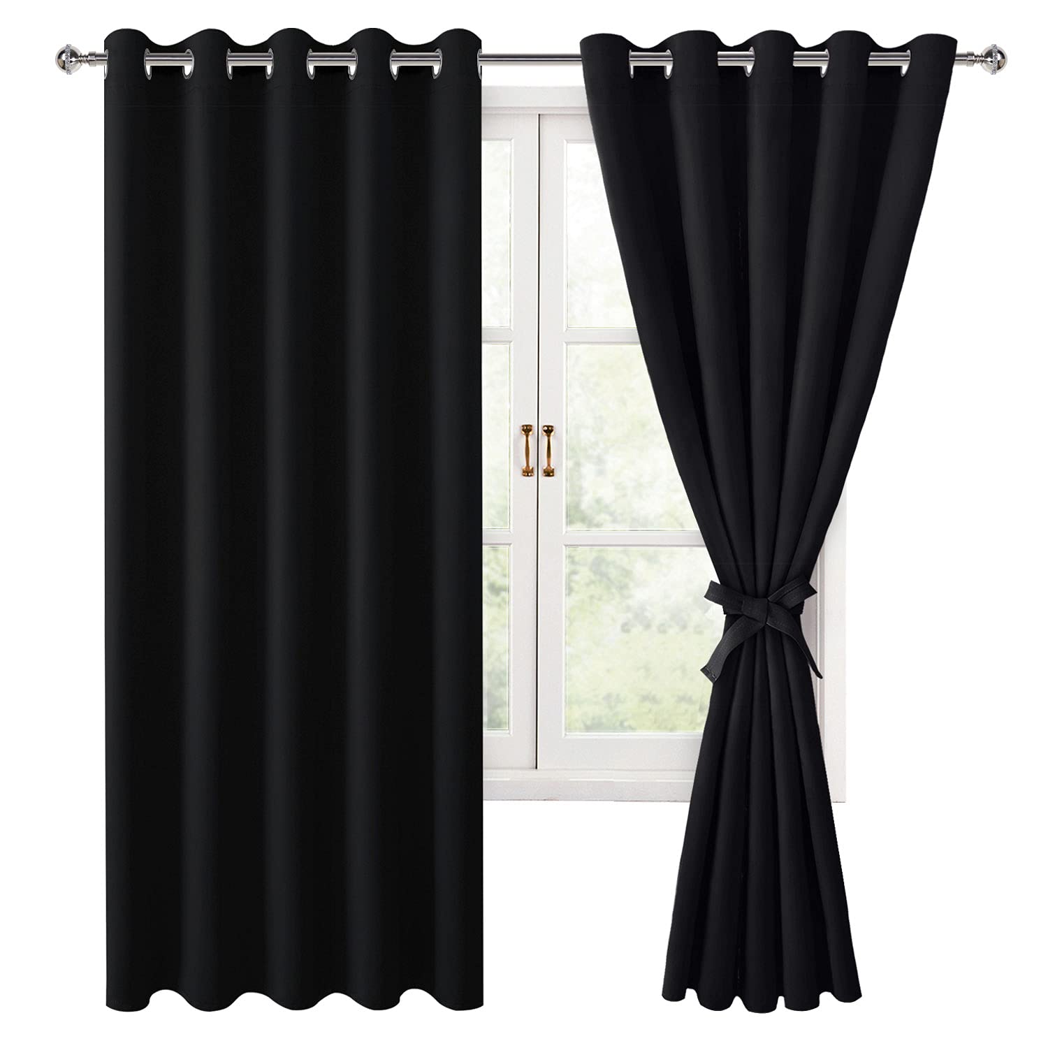 Hiasan Grommet Blackout Curtains For Bedroom, 60 X 72 Inches - Thermal Insulated & Noise Reducing Window Drapes For Living Room/Dorm Room, Set Of 2 Panels Sewn With Tiebacks, Black