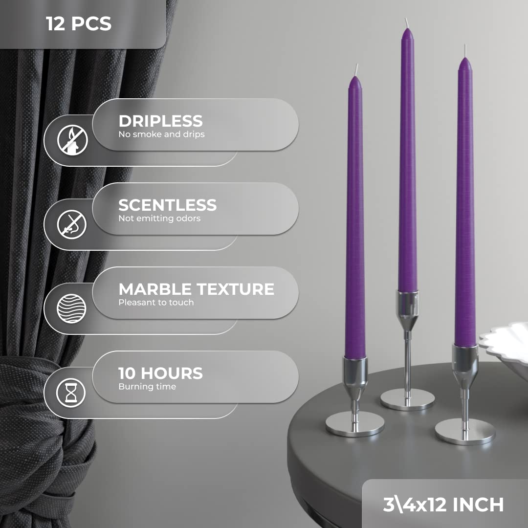 Candwax 12 Inch Taper Candles Set Of 12 - Dripless And Smokeless Candle Unscented - Slow Burning Candle Sticks - Purple Candles