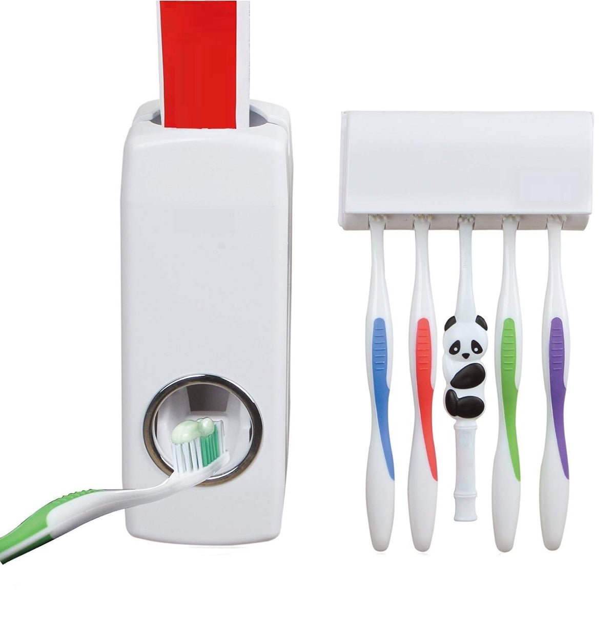 CELLEBII Hands Free Toothpaste Dispenser Wall Mounted Toothpaste Squeezer Dispenser with Detachable 5 Hole Toothbrush Holder (Mu