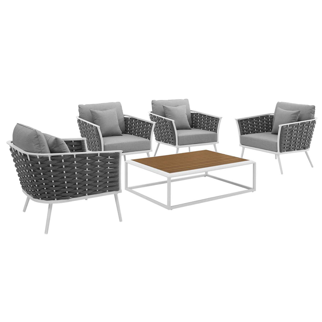 Modway Stance 5 Piece Outdoor Patio Aluminum Sectional Sofa Set In White Gray, Sips For Four