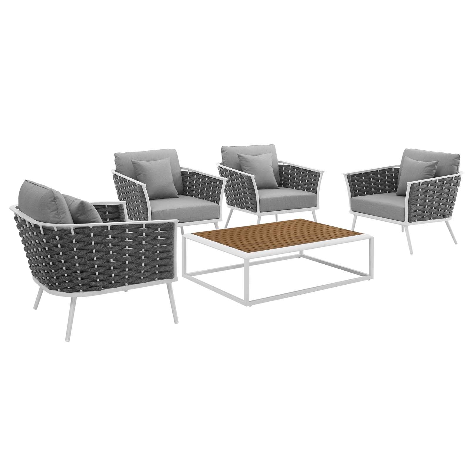 Modway Stance 5 Piece Outdoor Patio Aluminum Sectional Sofa Set In White Gray, Sips For Four