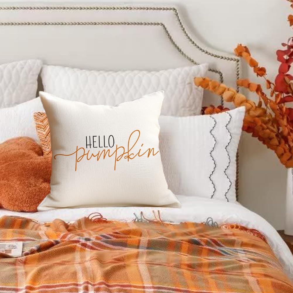 Rabusofa Fall Pillow Covers 18X18 White Hello Pumpkin Autum Pillows Decorative Throw Pillows,Outdoor Thanksgiving Cushion Cover