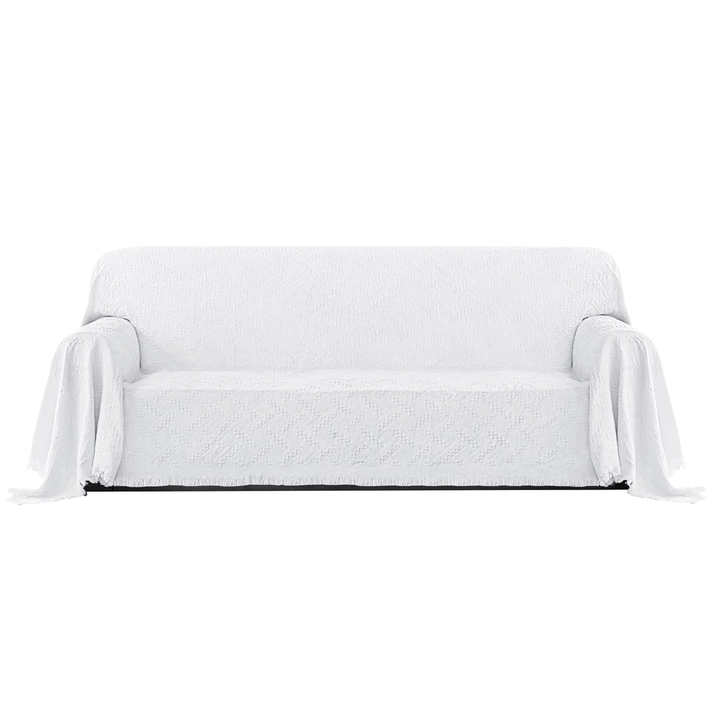 Purefit Geometric Jacquard Throw Sofa Cover - Textured Soft Washable Decorative Couch Covers For 3 Cushion Couch, Throw Cover With Tassels Furniture Protector For Pets, Kids (X-Large,White)