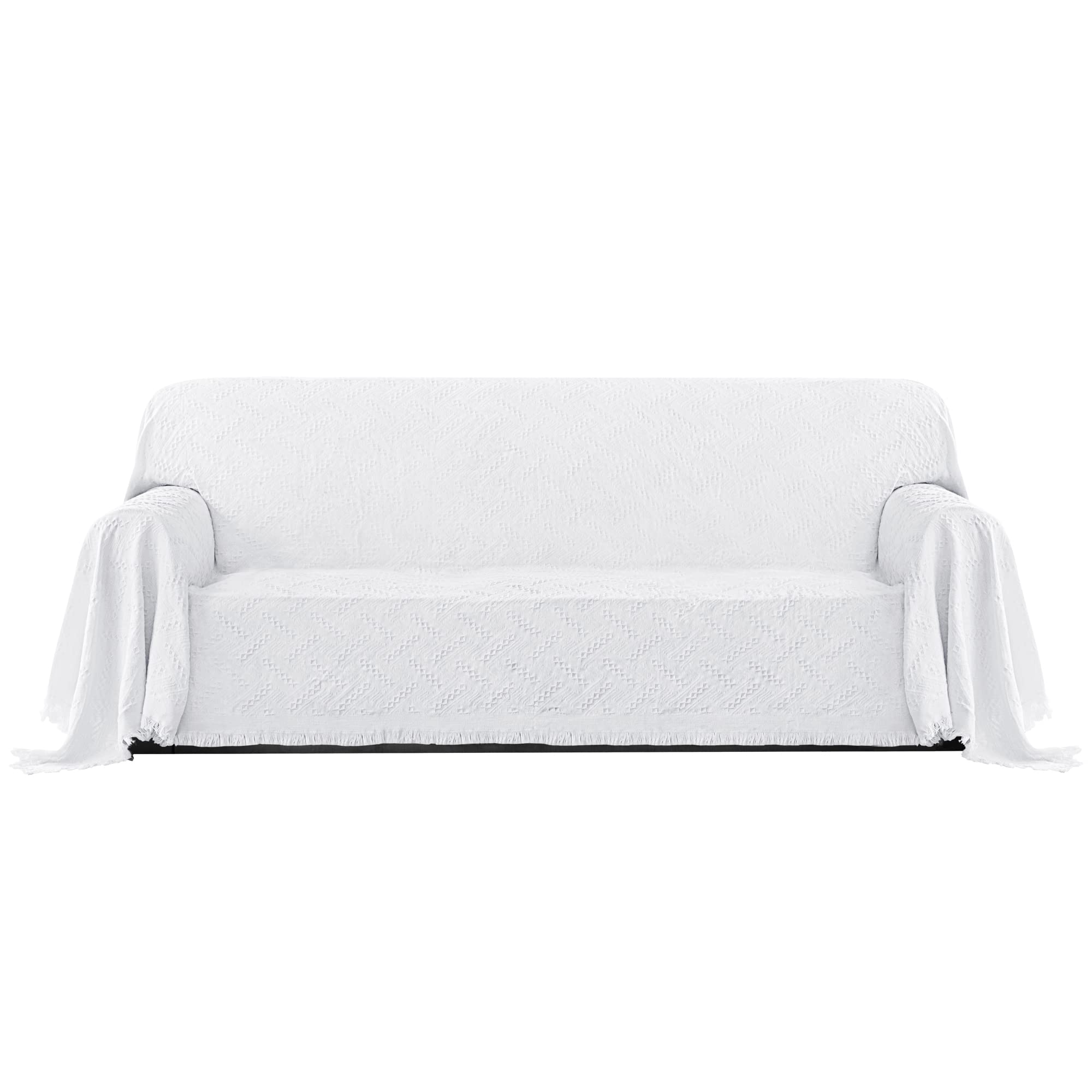 Purefit Geometric Jacquard Throw Sofa Cover - Textured Soft Washable Decorative Couch Covers For 3 Cushion Couch, Throw Cover With Tassels Furniture Protector For Pets, Kids (X-Large,White)