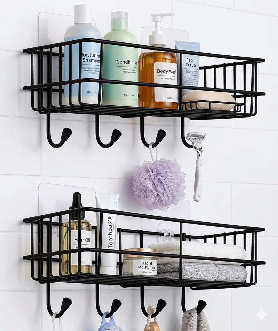 Pack Of 2 Wall Mounted Bathroom Shelf Organiser, Metal Wire Rack With 4 Hooks, No Drilling Adhesive, Matte Black Finish,