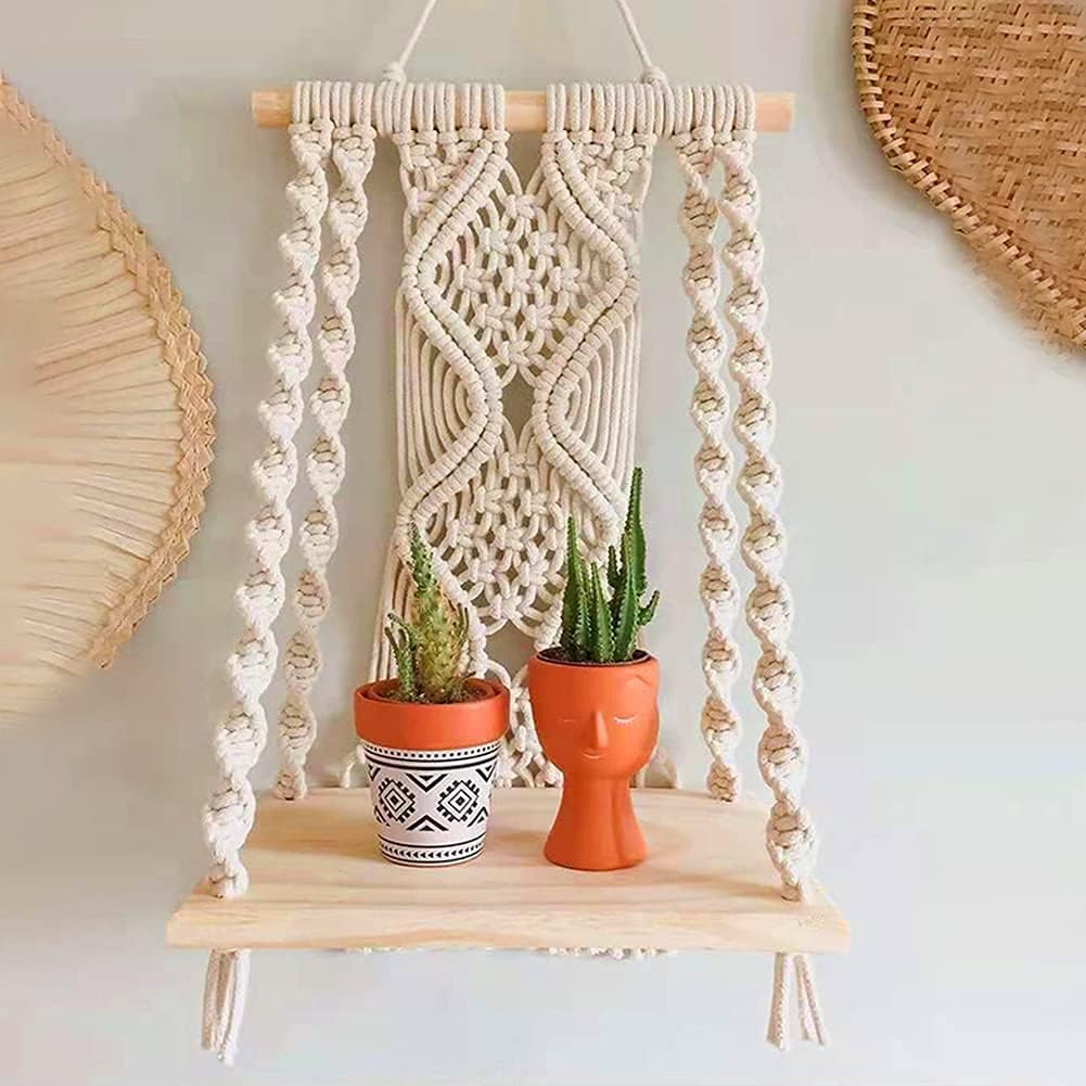 Daruh craft Macrame Wall Hanging Plant Decor Shelf Indoor Outdoor Floating Wood Shelve Decorative Hand Made Rope Boho Shelving F