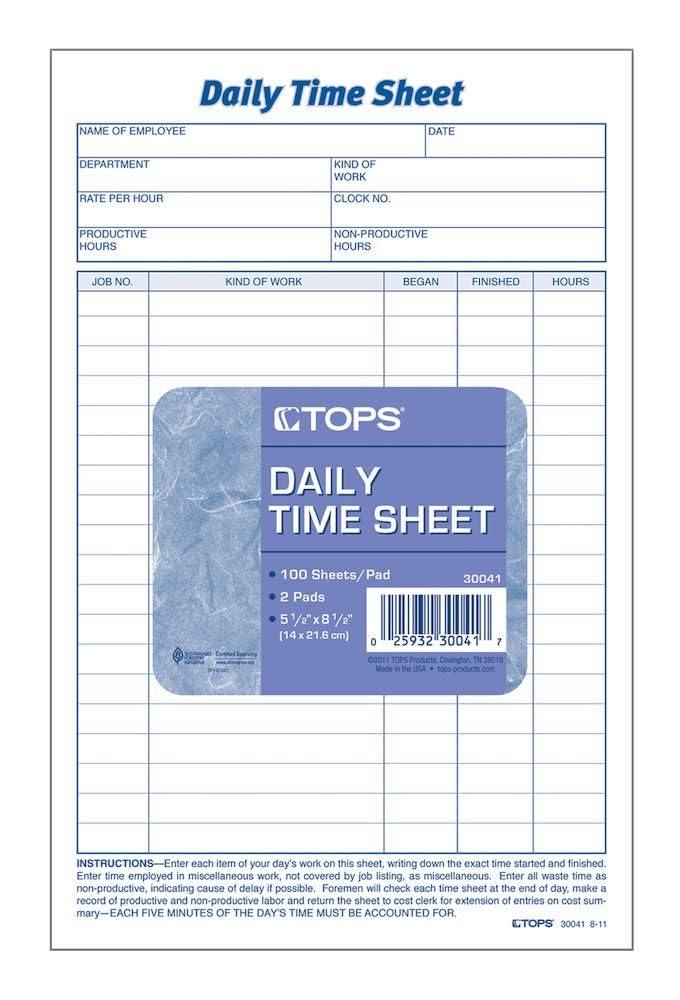Tops Daily Employee Time And Job Sheet, 6 X 9.5 Inches, 100 Sheets Per Pad, 2 Pads/Pack (30041)