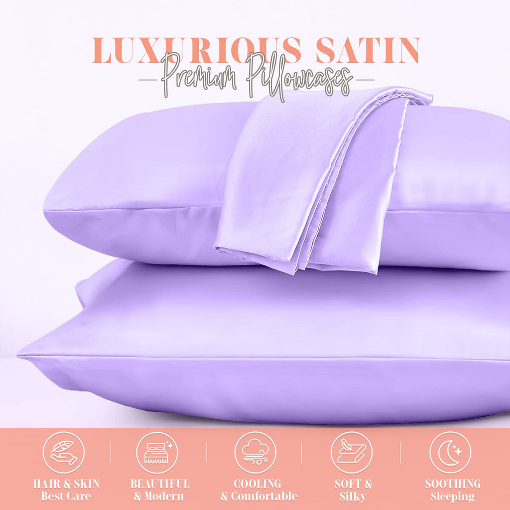 Elegant Comfort Silky And Luxurious 2-Piece Satin Pillowcase Set For Healthier Skin And Hair, Hidden Zipper Closure And Beautifully Packaged, Satin Pillowcase Set, King, Lilac