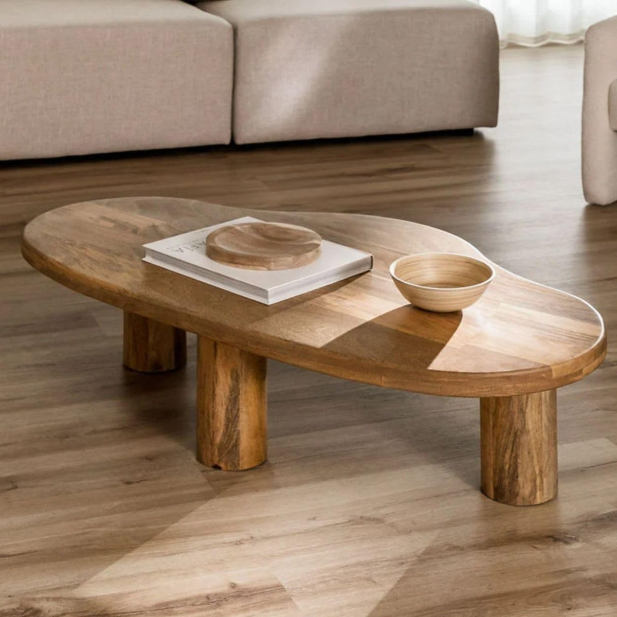 The Gasbh Solid Mango Wood Coffee Table For Living Room | Handcrafted Wooden Center Table With Organic Freeform Top And Sturdy P