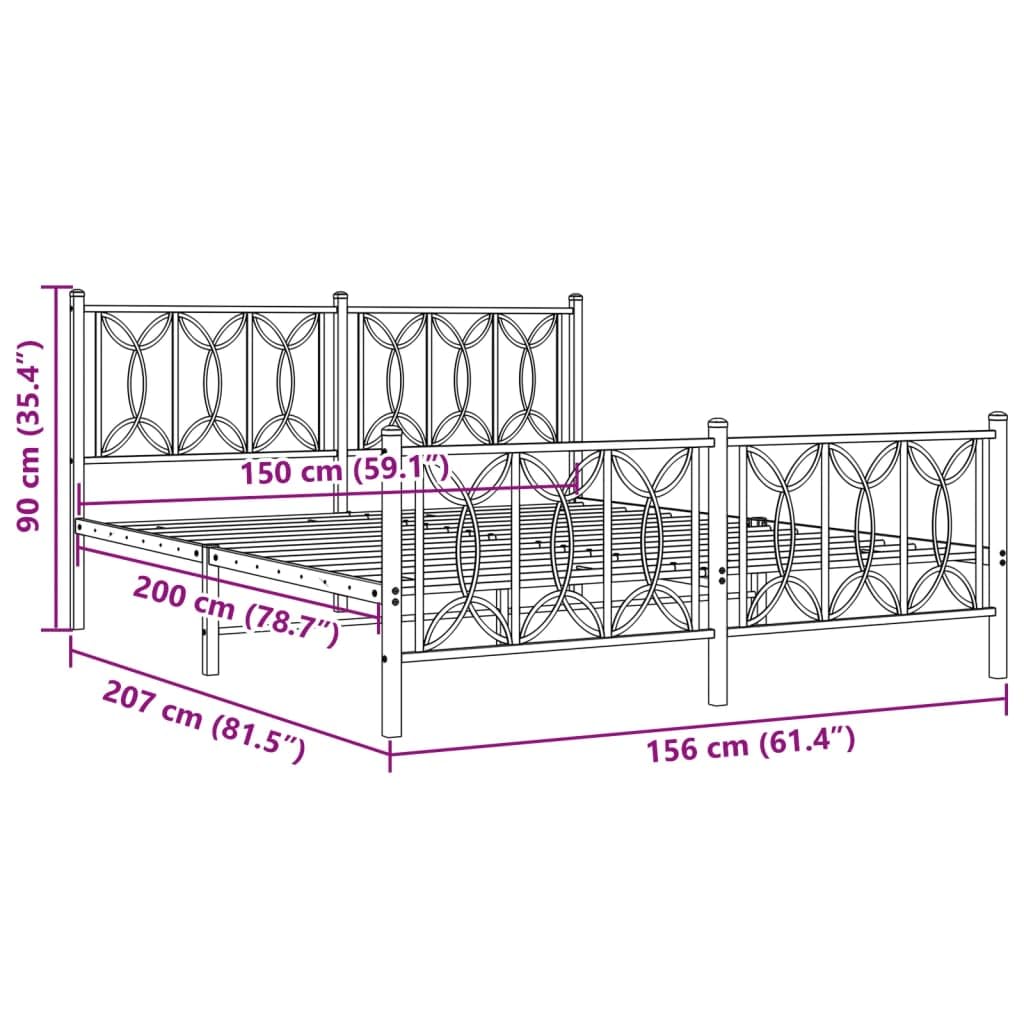 vidaXL Metal Bed Frame with Headboard/Footboard, Black, Steel, Double Bed - 81.5"x61.4"x35.4"