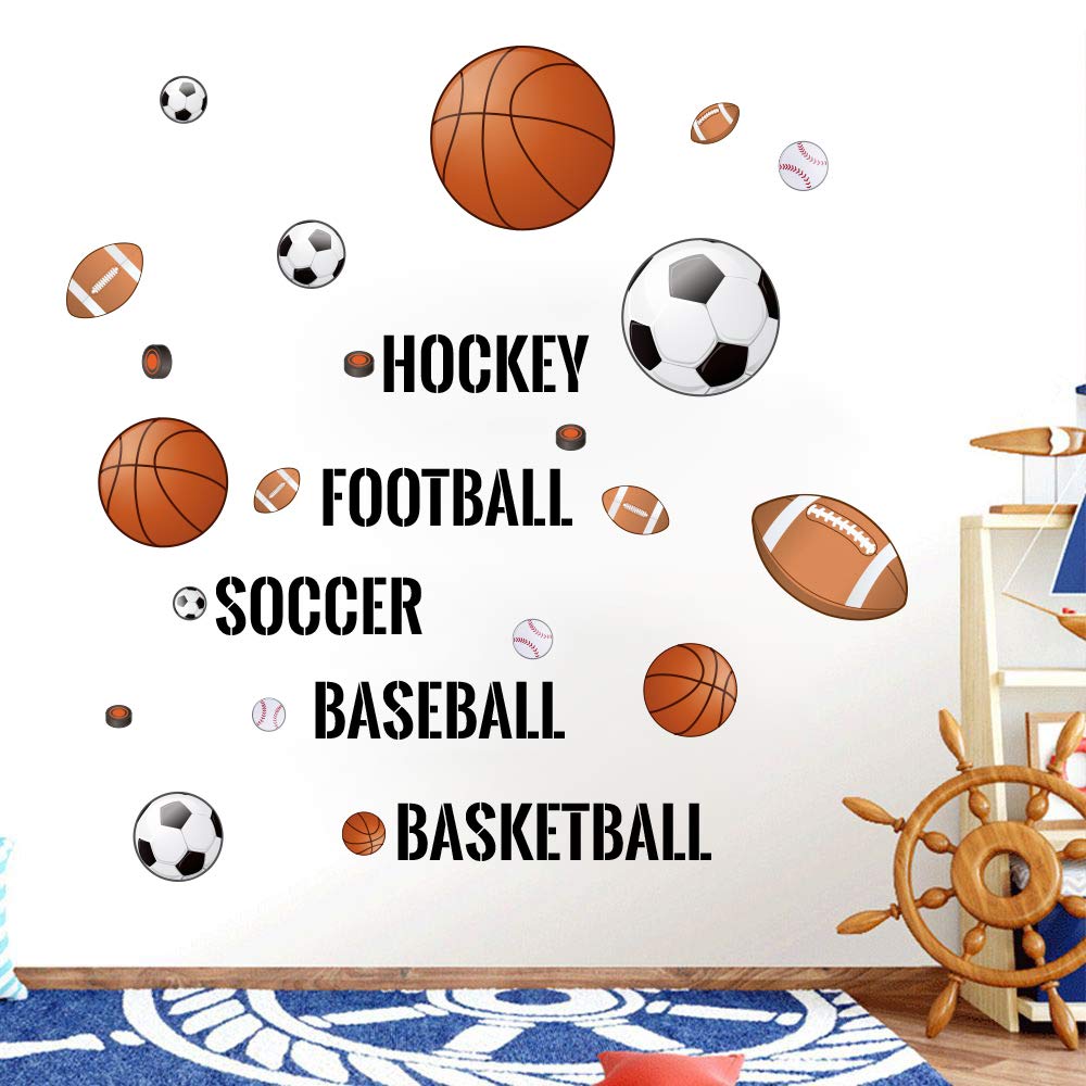 Supzone Sport Balls Wall Stickers Boys Wall Decals Basketball Soccer Baseball Football Hockey Wall Decor Boys Playroom Bedroom C