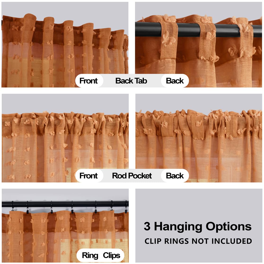 Koufall Burnt Orange Curtains 84 Inch Length For Living Room,Bohemian Autumn Boho Fall Decor Back Tab Pom Pom Textured Sheer Curtains For Dining Room Bedroom 52X84 Inches Long Set 2 Panels