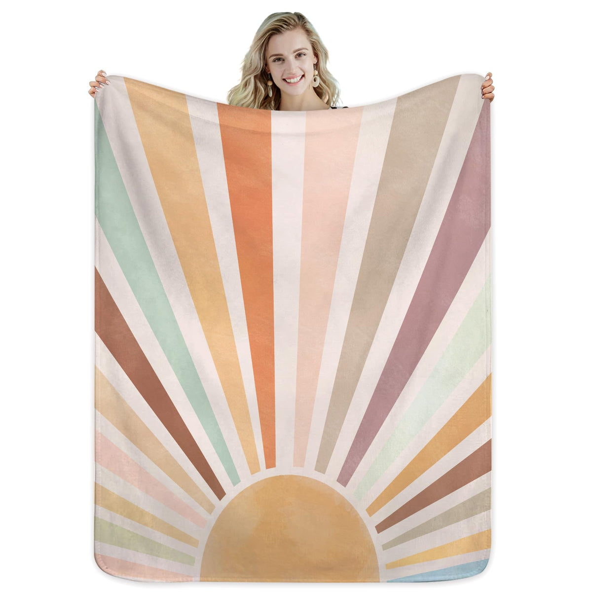 Miyotaa Pastel Sun Rainbow Retro Blanket 50Wx60H Inch Minimalist Boho Art Girls Abstract Colorful Aesthetic Vintage Gift Warm Fu