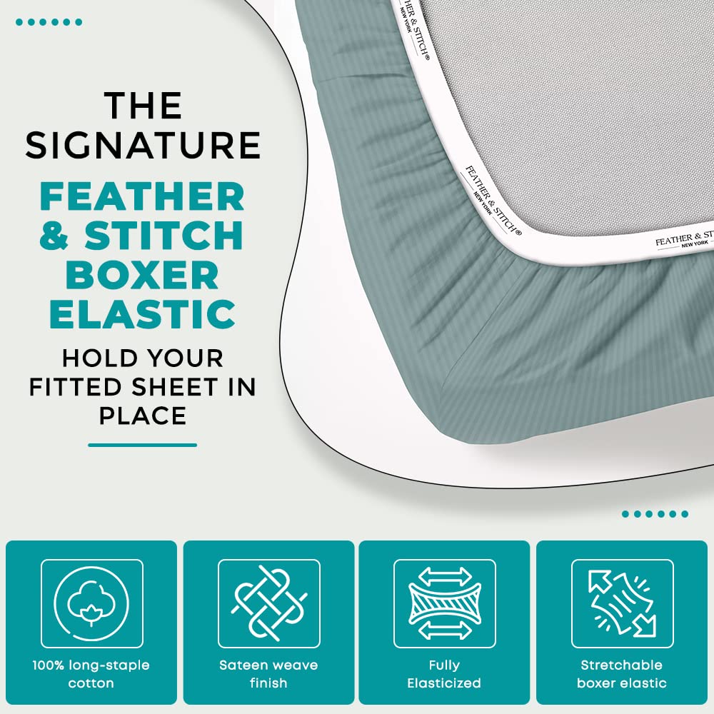 Feather & Stitch 100% Cotton 1 Piece Damask Stripe Full Fitted Sheet 500 Thread Count Granite Green 18' Extra Deep Pocket Sateen Weave Stretchable Boxer Elastic Fits Mattress Perfectly