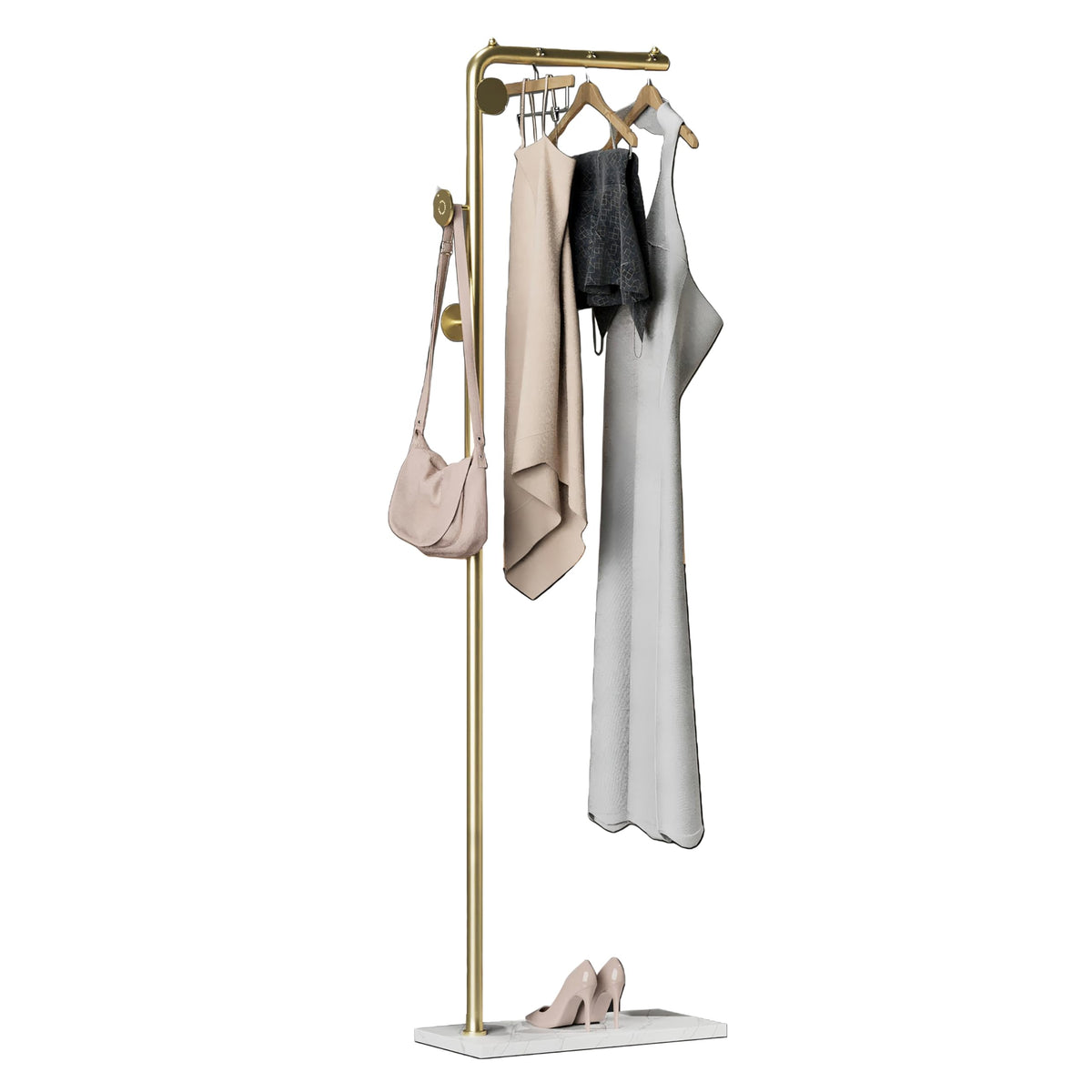 Coat Rack Stand, Gold Clothing Rack Freestanding With Satin Steel Finish And Natural Stable Marble Base, For Coats, Hats, Scarve