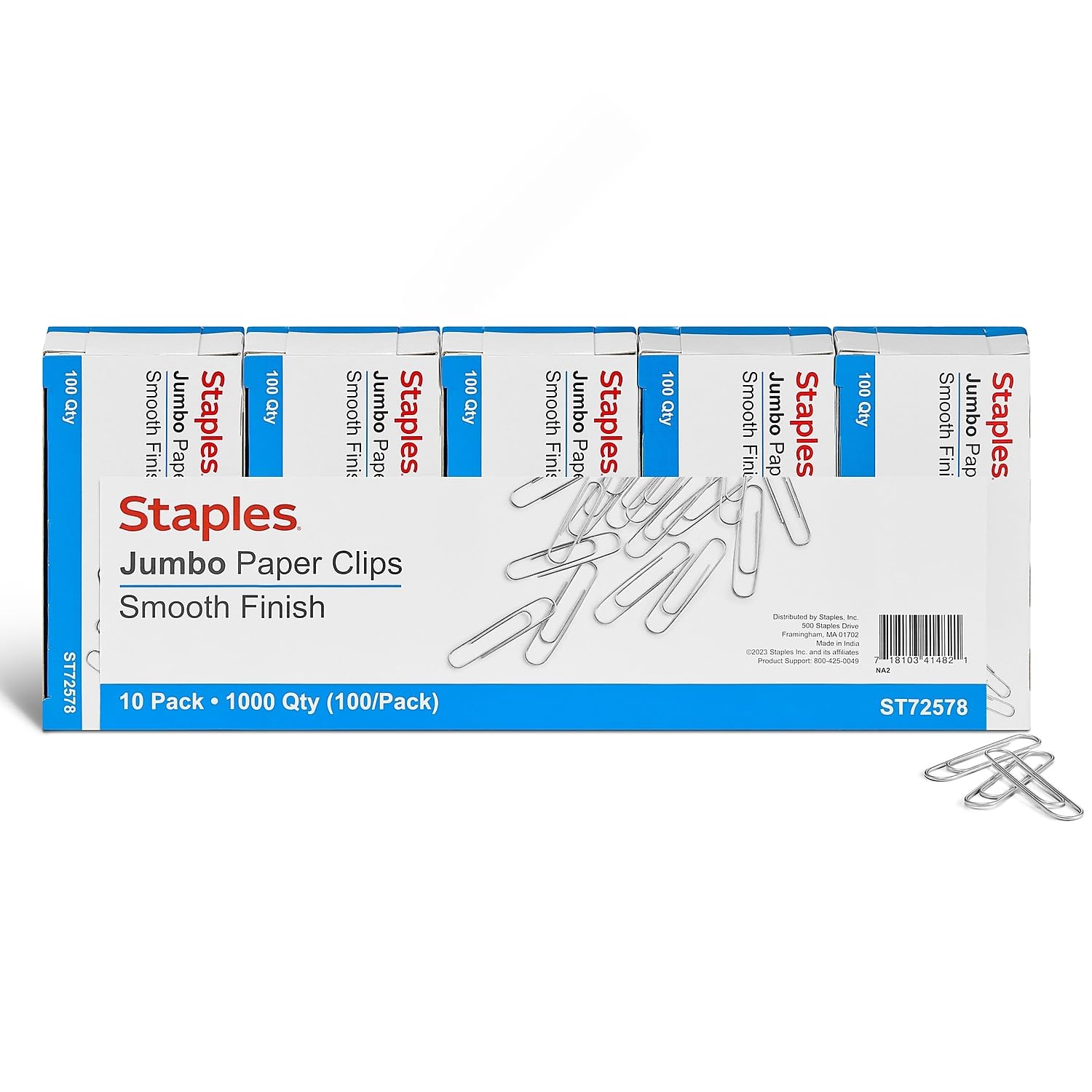 Staples 472506 Smooth Paper Clips Jumbo 100/Box 10 Boxes/Pack (A7026605/72578)