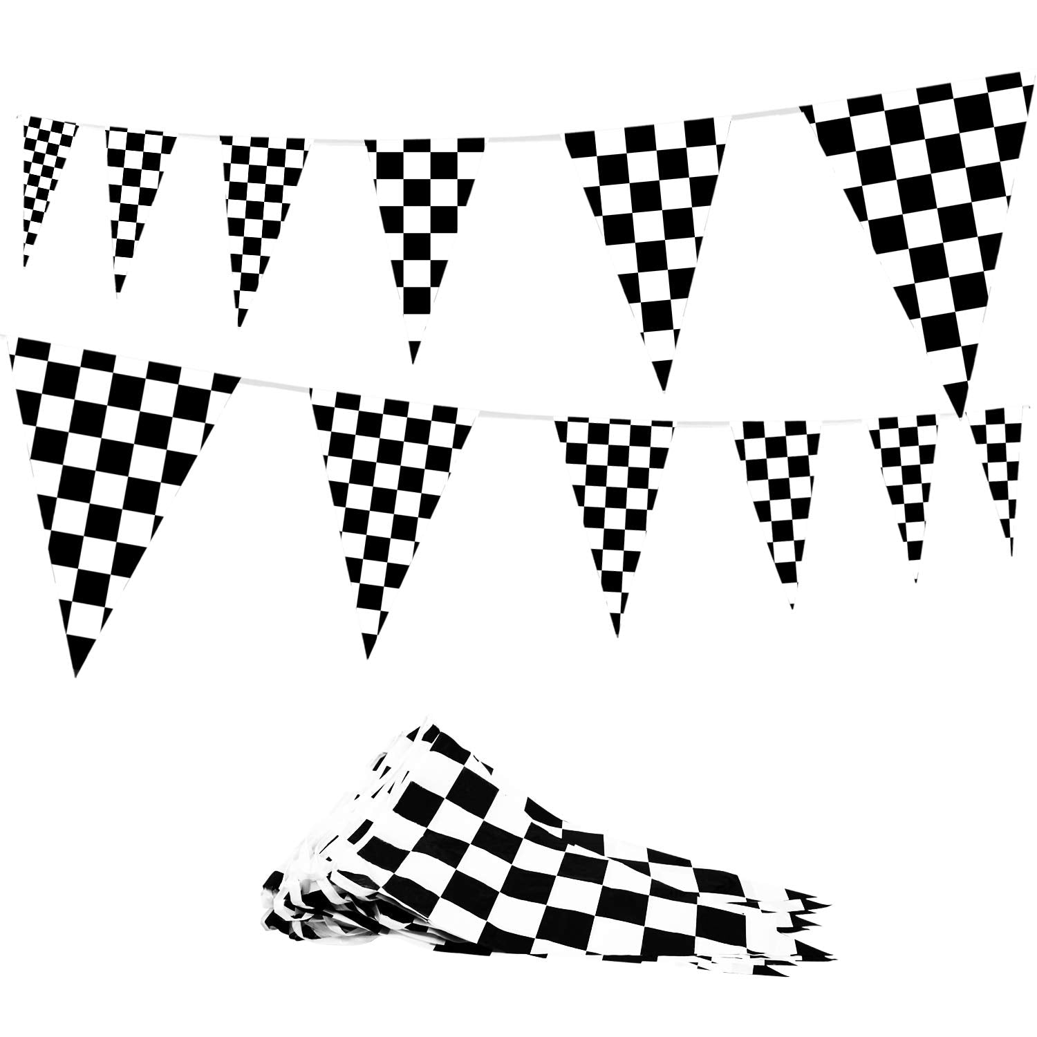 Novelty Place 100Ft Checkered Flag Pennant Banner - 48Pcs Black and White Plastic Racing Flag Banners(12 x 18) for Kids Sports R