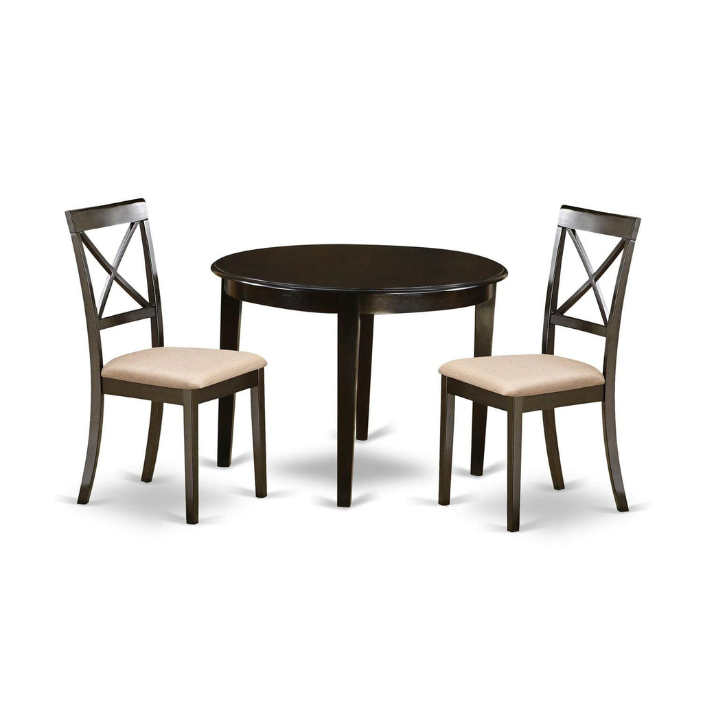 East West Furniture Boston 3 Piece Kitchen Set for Small Spaces Contains a Round Room Table and 2 Linen Fabric Upholstered Dining Chairs, 42x42 Inch, Cappuccino