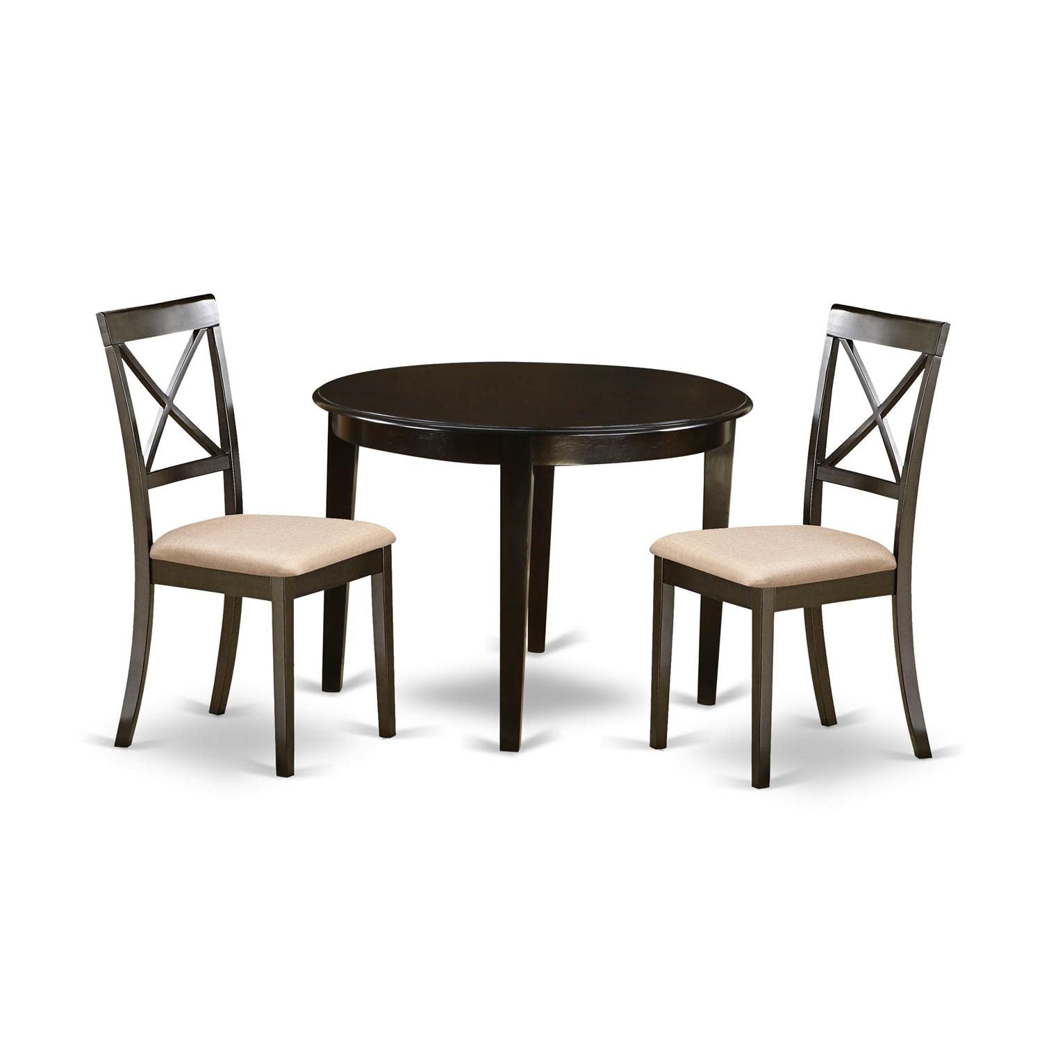 East West Furniture Boston 3 Piece Kitchen Set for Small Spaces Contains a Round Room Table and 2 Linen Fabric Upholstered Dining Chairs, 42x42 Inch, Cappuccino