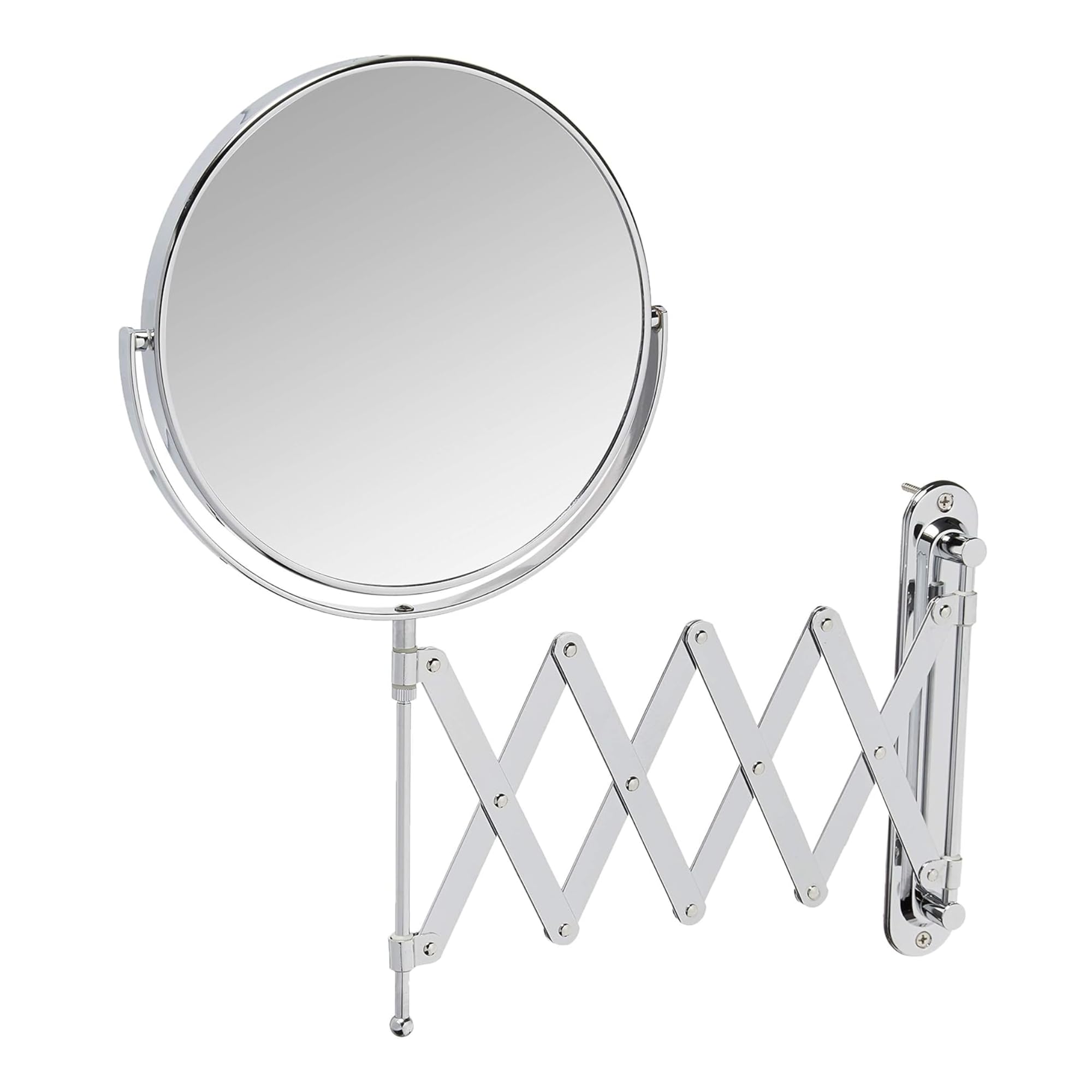 JERDON Two-Sided Wall-Mounted Makeup Mirror with 7X-1X Magnification - 8    Diameter Mirror with Scissor Bracket Extends Up to 2