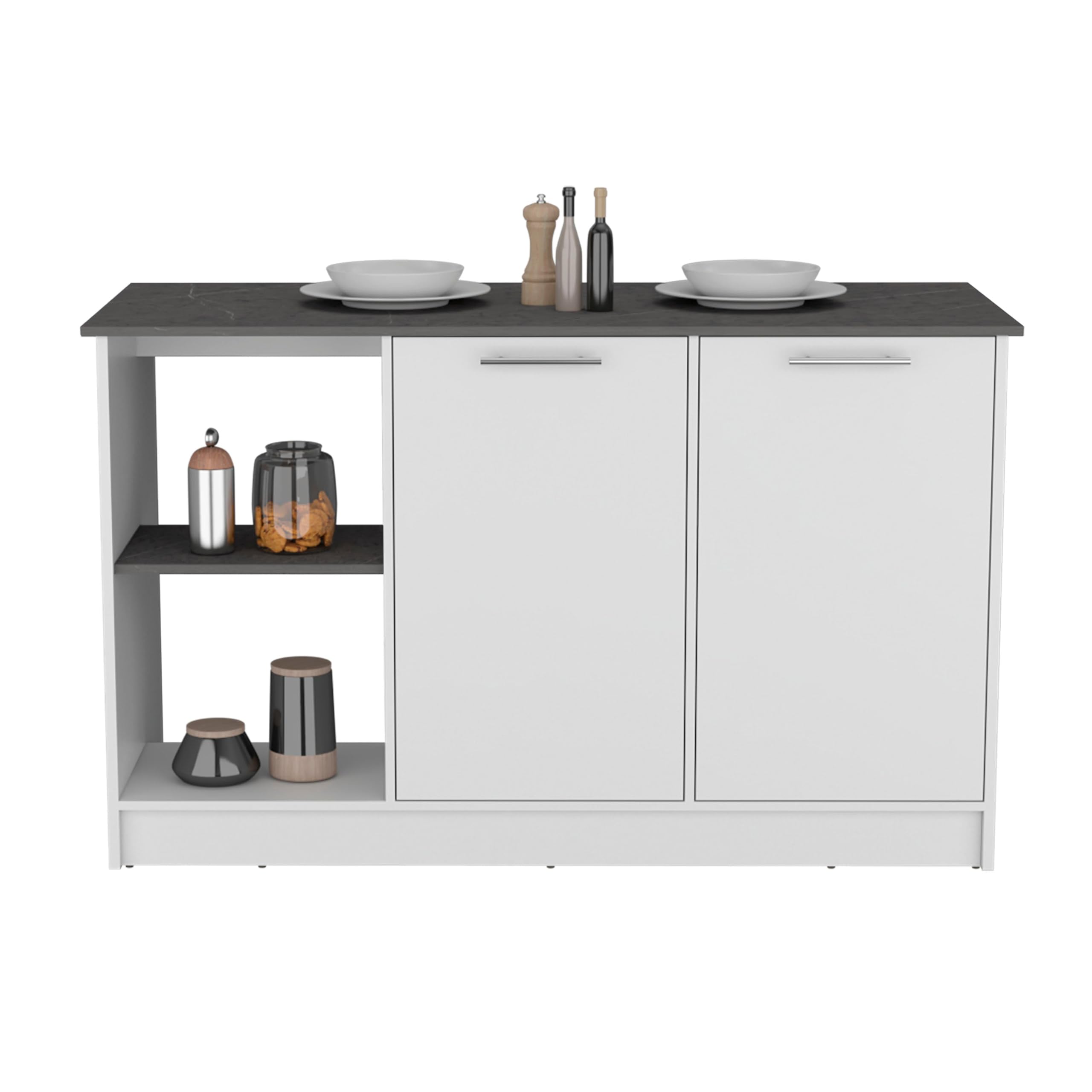 Depot E-Shop Coral Kitchen Island With Large Countertop, Open Storage Shelves And Double Door Cabinet, White/Onyx