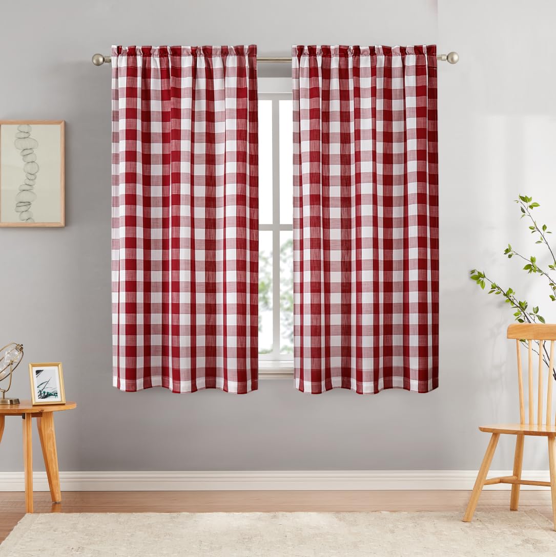 Bapawfish Red Gingham Buffalo Plaid Window Curtain Panel 63 Inches Length,Burgundy Buffalo Check Rod Pocket Window Treatment,Rus
