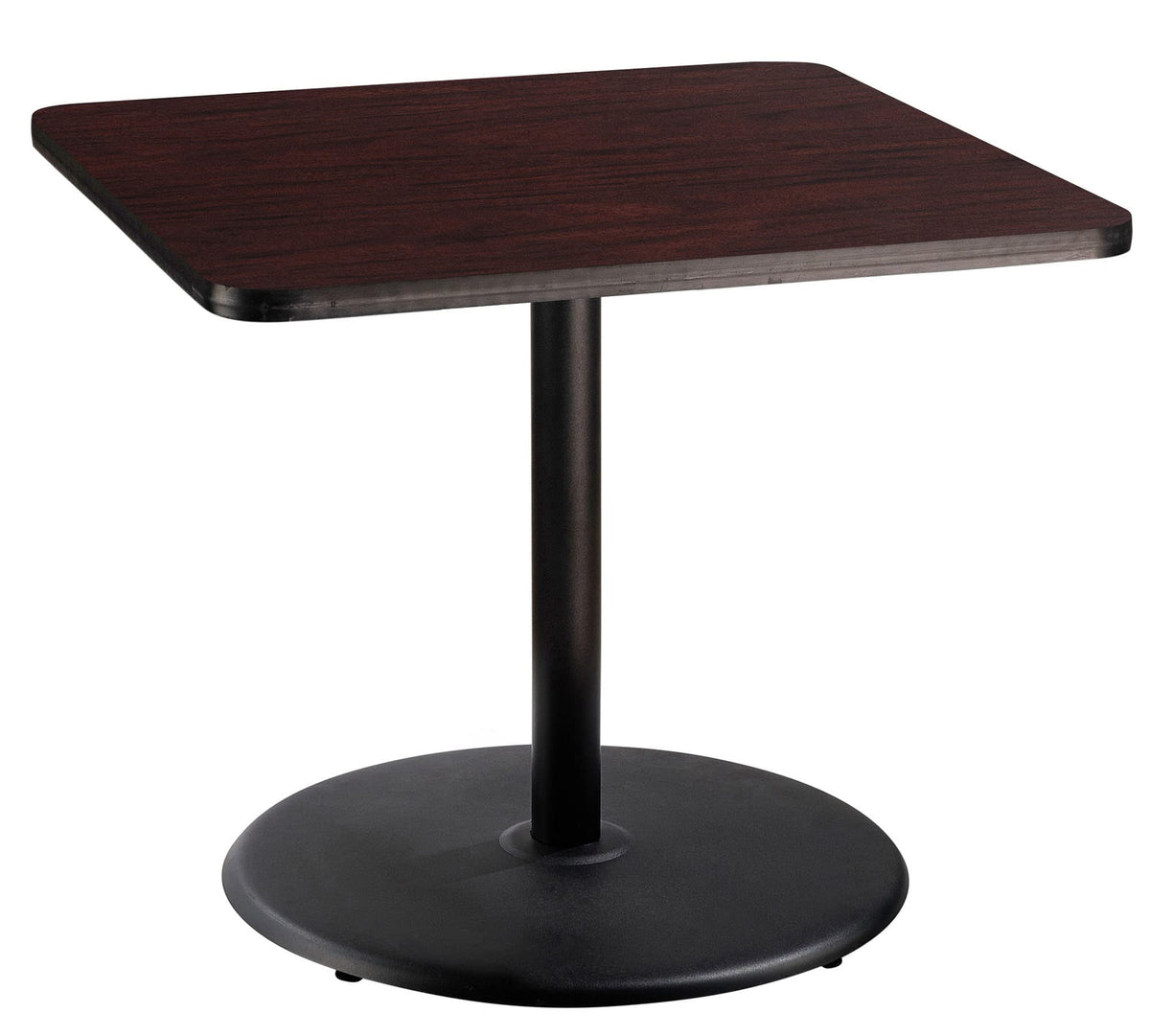 National Public Seating Nps 36&Quot; Square Cafe Table With Round Base, 30&Quot; Height, Particleboard Core/T-Mold, Mahogany Top, Black Frame