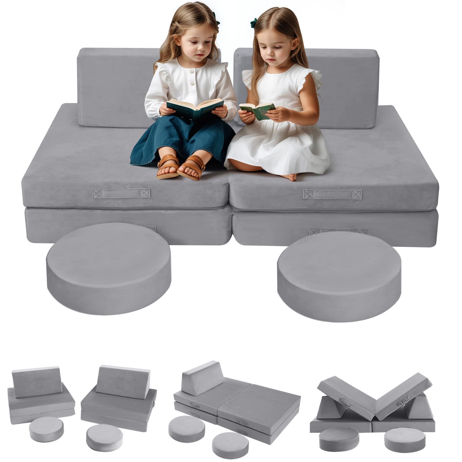 MeMoreCool Modular Kids Play Couch for Toddlers, Foam Explorer Sofa with Building Fort Feature, Kids Couch for Playroom, Grey