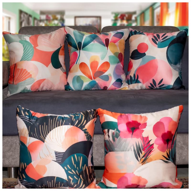 Vendola Decorative Satin 250Tc Sofa Cushion Pillow Covers, Multicolor, Set Of 5 Floral Cushion Covers(Foliage,20X20 Inches)