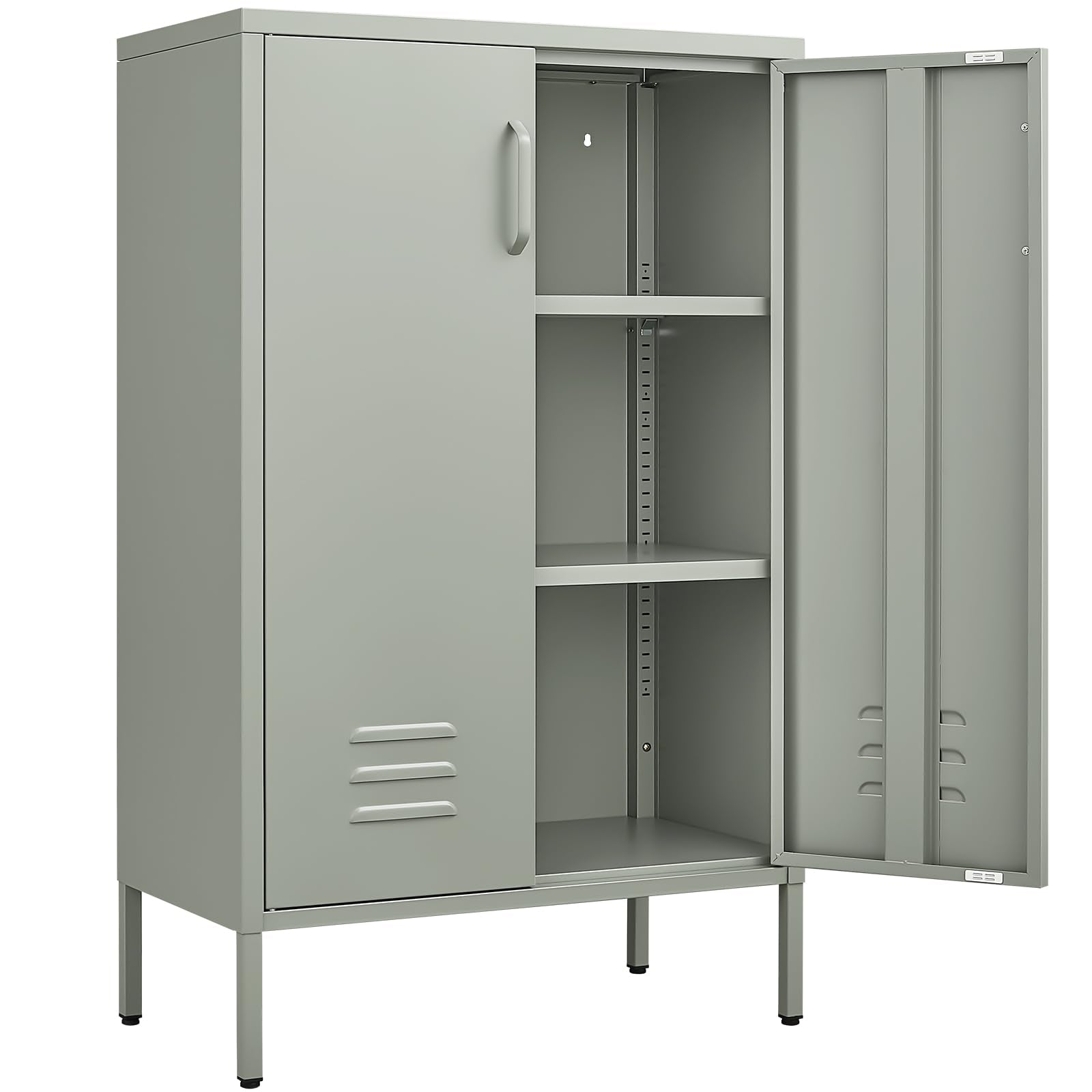 IRONFFICE Gray Green Cabinet,Metal Locker Storage Cabinet with Legs,Green Sideboard with Adjustable Shelves,Locker Storage for L