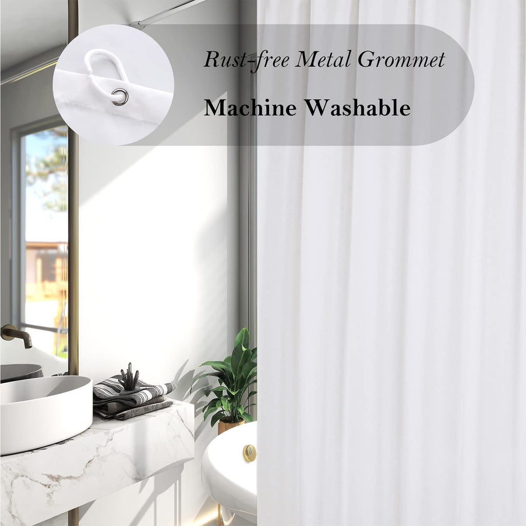 Aoohome Fabric 96 Inch Extra Long Shower Curtain Liner, Durable Bathroom Curtain For Hotel With Hooks, Waterproof, Solid White,