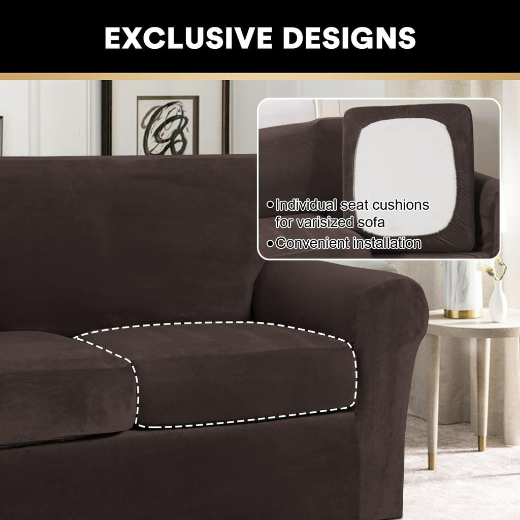 4 Pieces Sofa Covers Stretch Velvet Couch Covers For 3 Cushion Sofa Slipcovers Soft Sofa Slip Covers Furniture Covers With 3 Individual Seat Cushion Covers, Machine Washable (X-Large, Brown)
