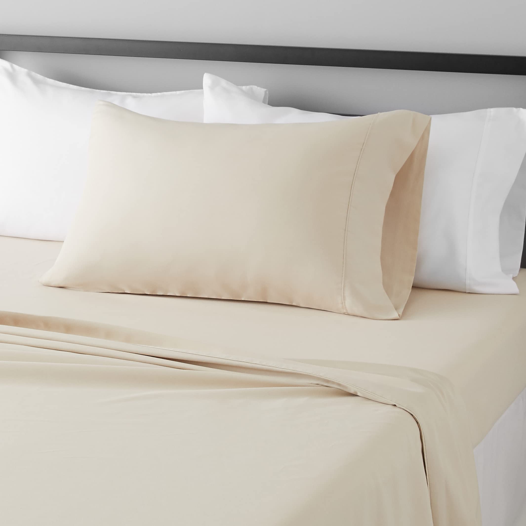 Amazon Basics Lightweight Super Soft Easy Care Microfiber 3-Piece Bed Sheet Set with 14-Inch Deep Pockets, Twin XL, Beige, Solid