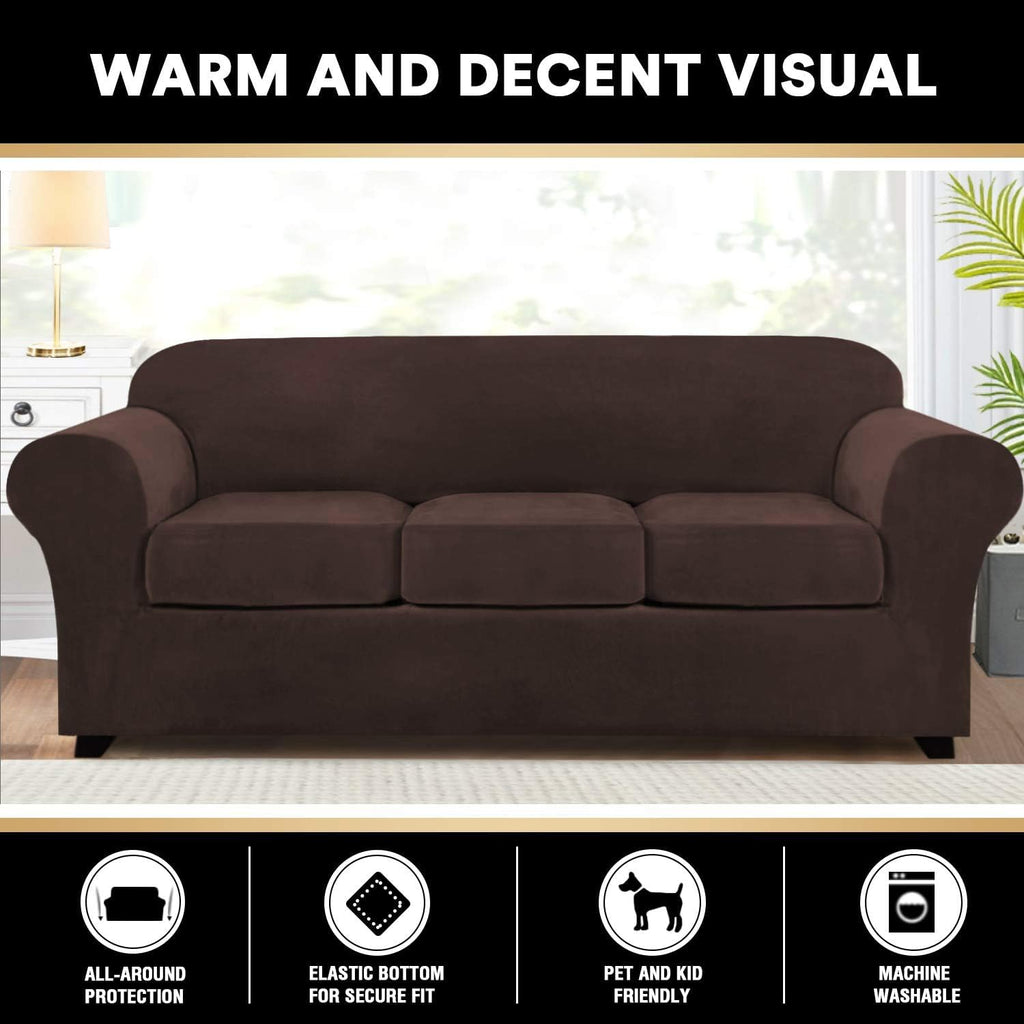 4 Pieces Sofa Covers Stretch Velvet Couch Covers For 3 Cushion Sofa Slipcovers Soft Sofa Slip Covers Furniture Covers With 3 Individual Seat Cushion Covers, Machine Washable (X-Large, Brown)
