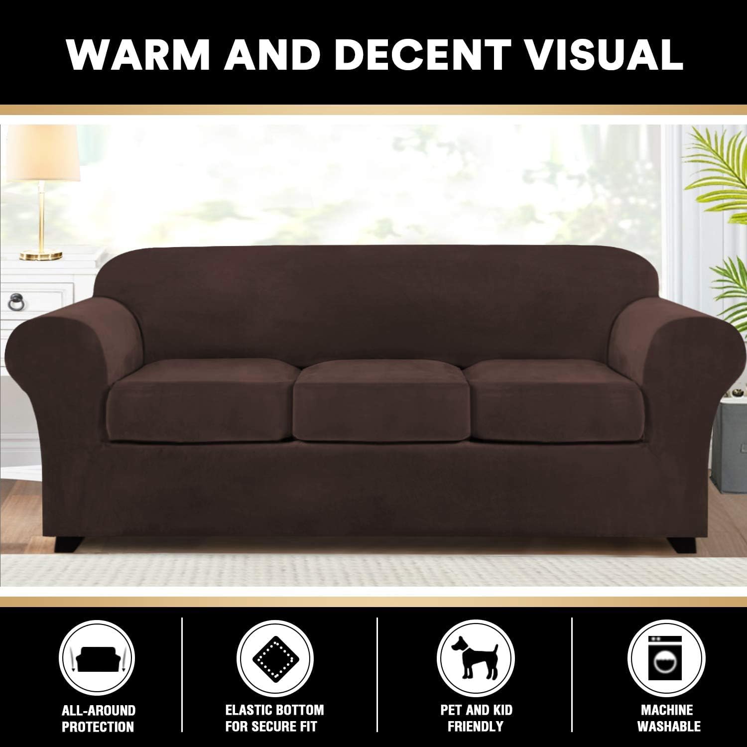 4 Pieces Sofa Covers Stretch Velvet Couch Covers For 3 Cushion Sofa Slipcovers Soft Sofa Slip Covers Furniture Covers With 3 Individual Seat Cushion Covers, Machine Washable (X-Large, Brown)