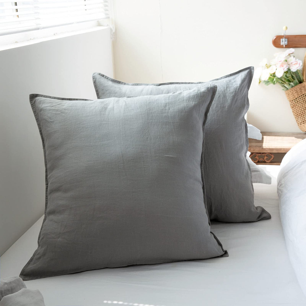 Simple&Opulence 100% Washed Linen Euro Shams Basic Style (26 ' ' X 26 ' ') - Pack Of 2 - Solid Color Pillow Shams Natural Flax S
