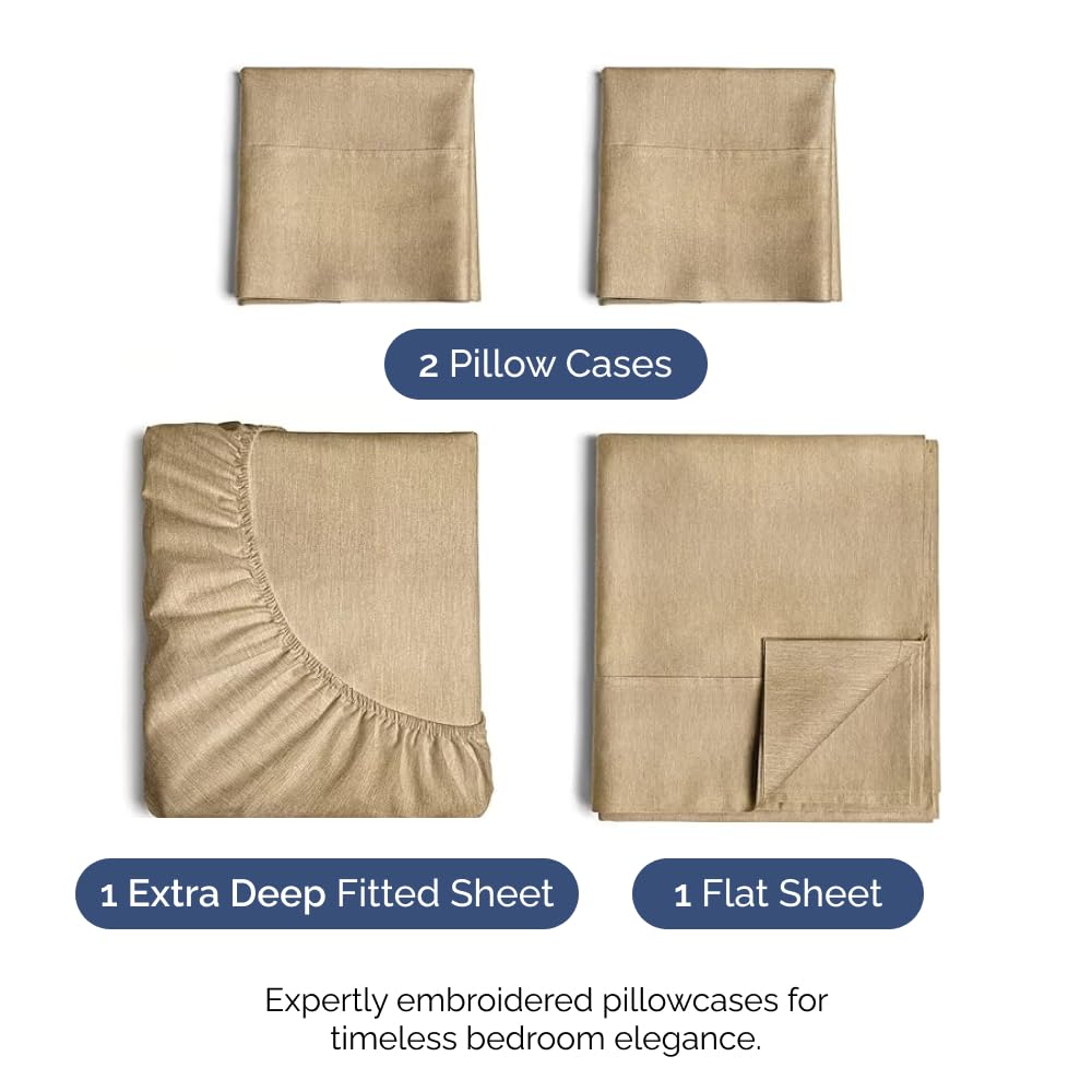 Extra Deep Pocket Full Sheets - 4 Piece Breathable & Cooling Bed Sheets - Hotel Luxury Bed Sheet Set - Soft, Wrinkle Free & Comfy - Easily Fits Extra Deep Mattresses - Deep Pocket Heathered Tan Sheets