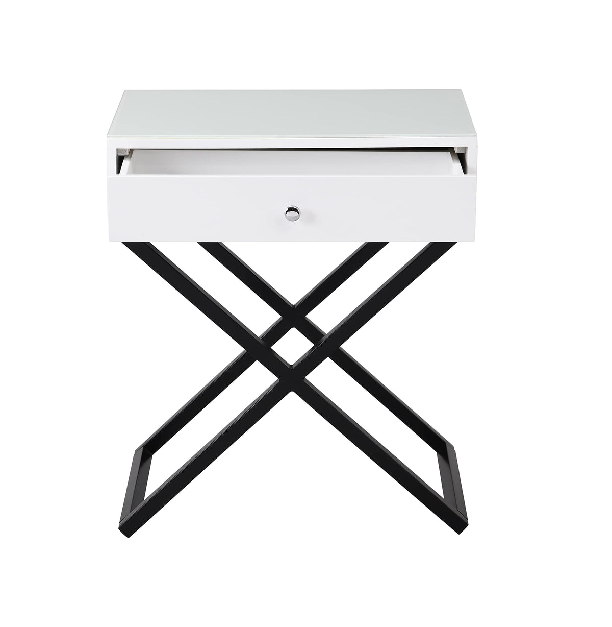 Lilola Home Koda White Wooden End Side Table Nightstand with Glass Top, Drawer and Metal Cross Base