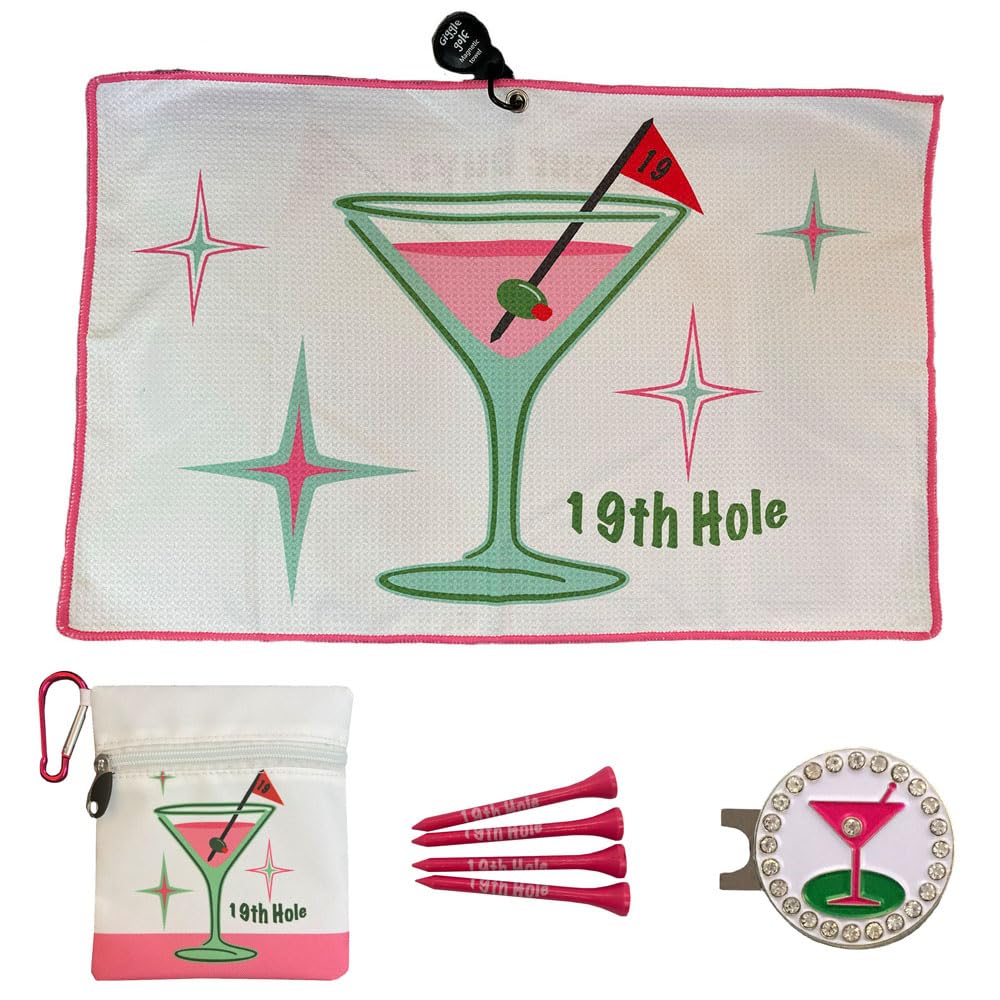 Giggle Golf Martini Par 3 Pack for Women, Microfiber Waffle Weave Golf Towel, Tee Bag with Tees and Bling Ball Marker with Magne