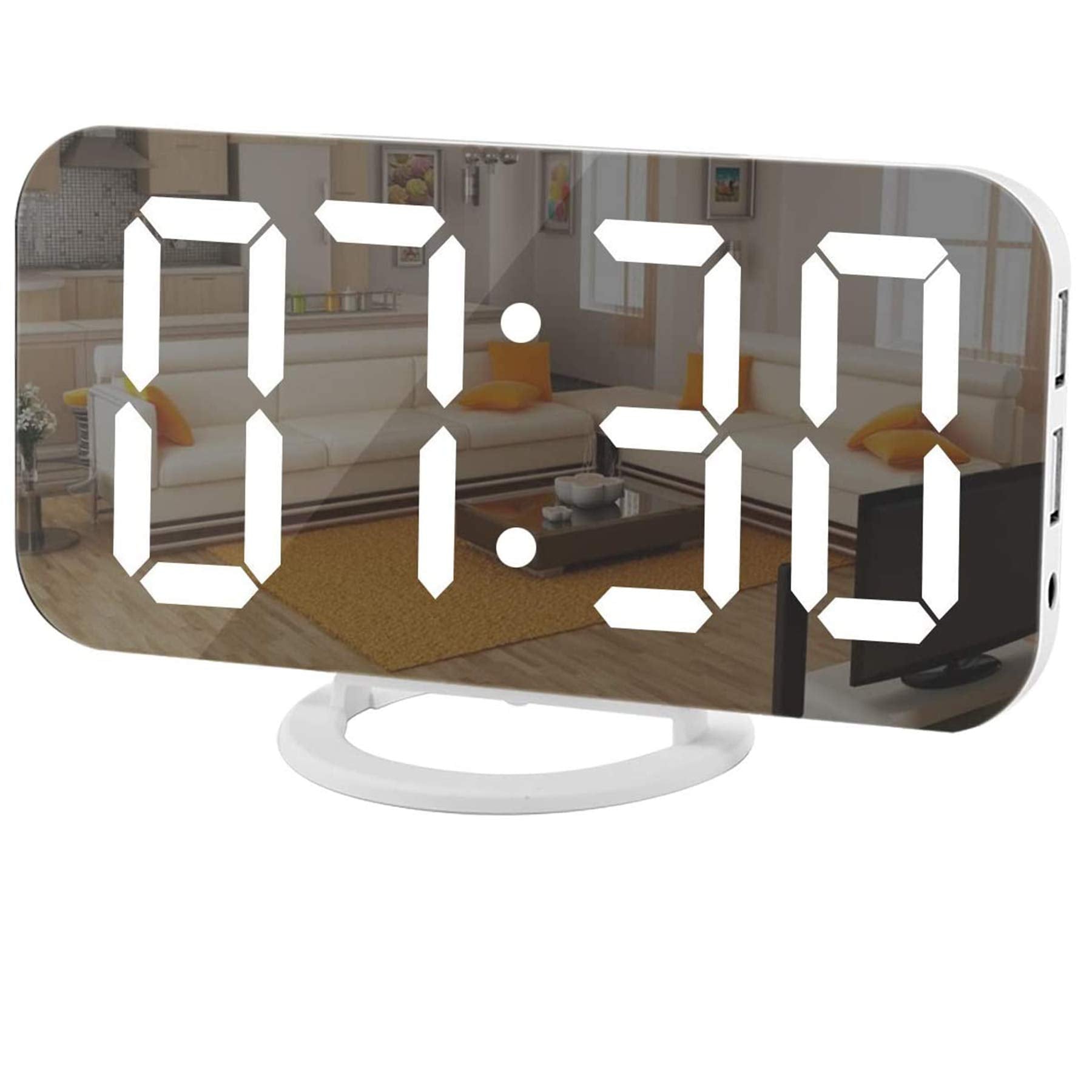 SZELAM Digital Clock Large Display, LED Electric Alarm Clocks Mirror Surface for Makeup with Diming Mode, 3 Levels Brightness, D