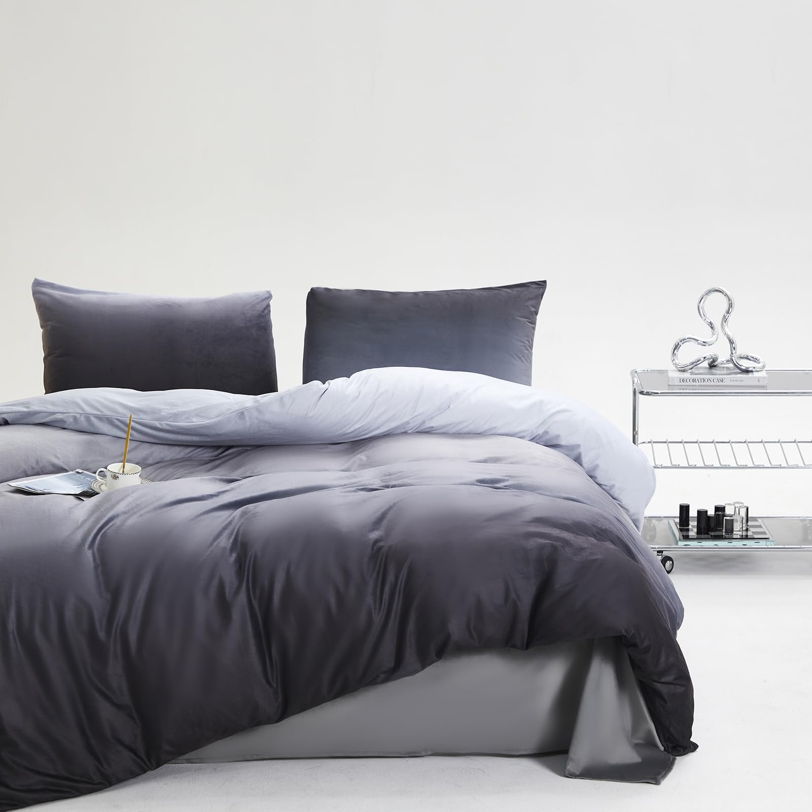 Clothknow Grey Silver Fluffy Comforter Set Full 3Pcs Gray Bedding Comforter Sets Velvet Comforter Soft Gray White Full Size Comforter Sets